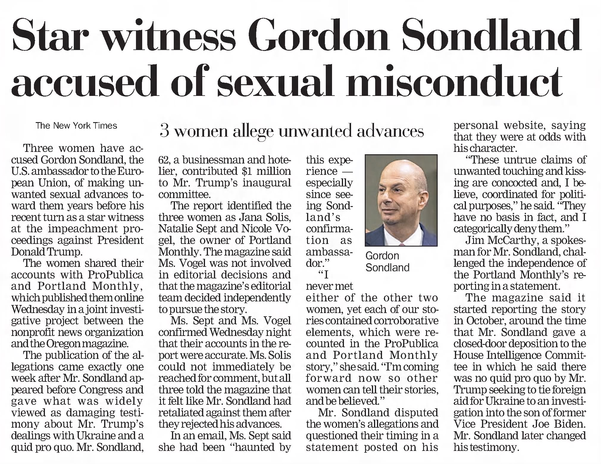 Star witness Gordon Sonland accused of sexual misconduct Pittsburgh Post-Gazette
Pittsburgh, Pennsylvania · Friday, November 29, 2019