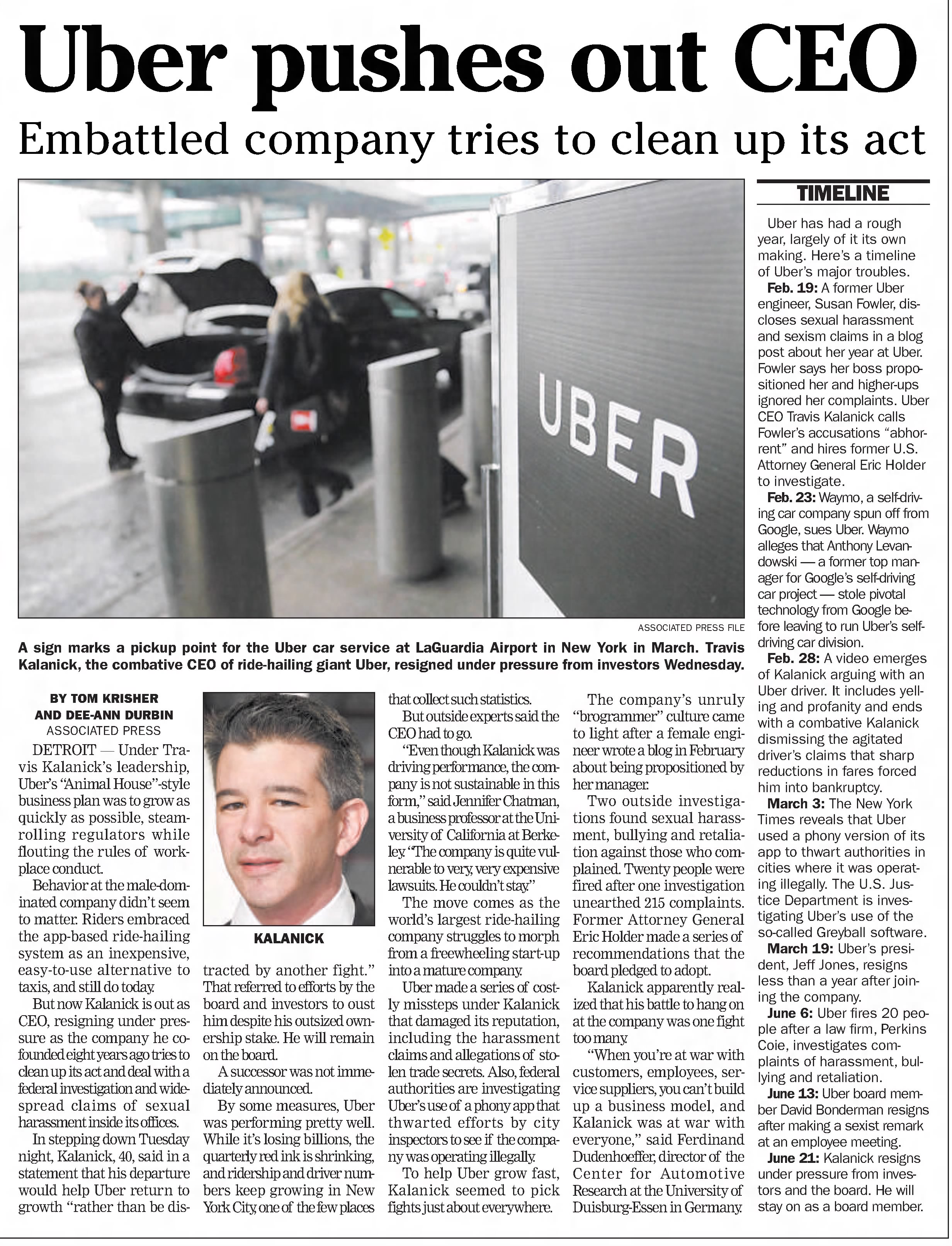 Uber pushes out CEO
Citizens' Voice
Wilkes-Barre, Pennsylvania · Thursday, June 22, 2017