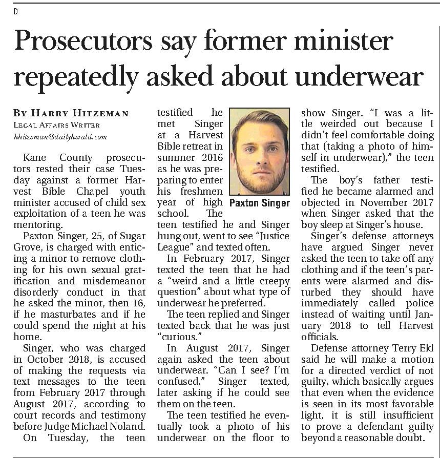 Prosecutors say former minister repeatedly asked about underwear 
Arlington Heights Daily Herald Suburban Chicago
Sep 11, 2019, Page 43

Arlington Heights, Illinois, US