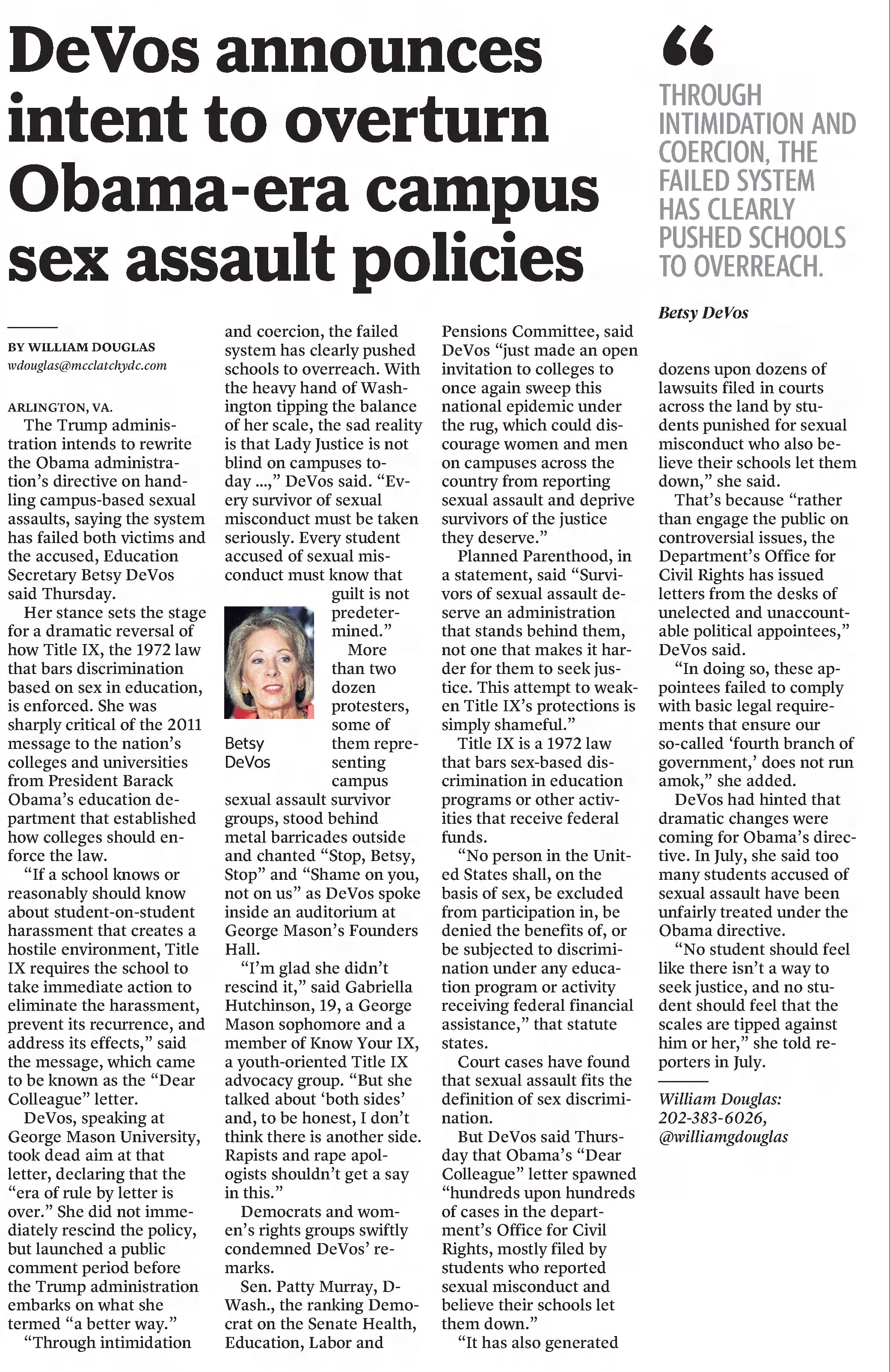 DeVos announces intent to overturn obama-era campus assault policies
The Belleville News-Democrat
Belleville, Illinois · Friday, September 08, 2017