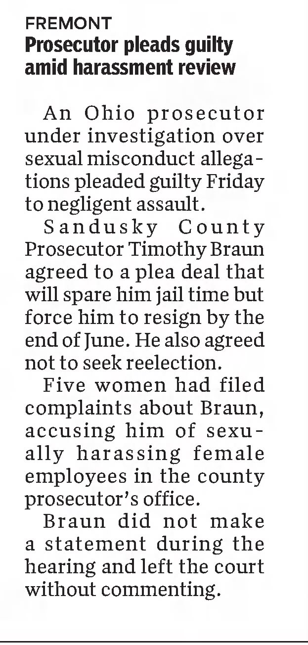 Prosecutor pleads guilty amid harassment review 
The Akron Beacon Journal
Akron, Ohio &middot; Saturday, December 07, 2019