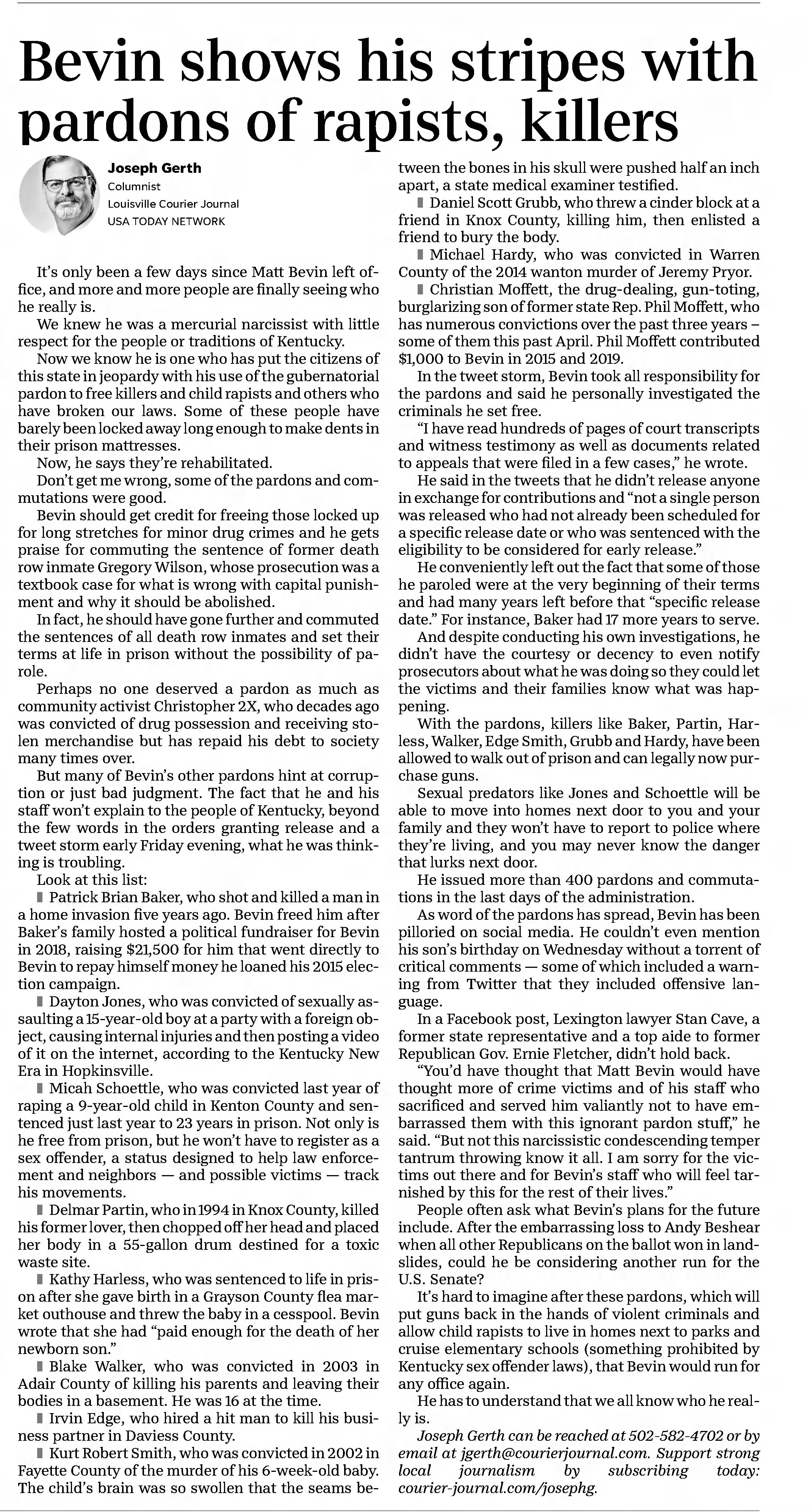 Bevin show his stripes with pardons of rapists, killers
The Courier-Journal
Louisville, Kentucky &middot; Monday, December 16, 2019