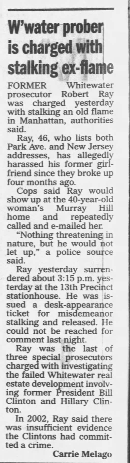 Whitewater prober is charged with stalking ex-flame 
Daily News
New York, New York &middot; Friday, May 12, 2006