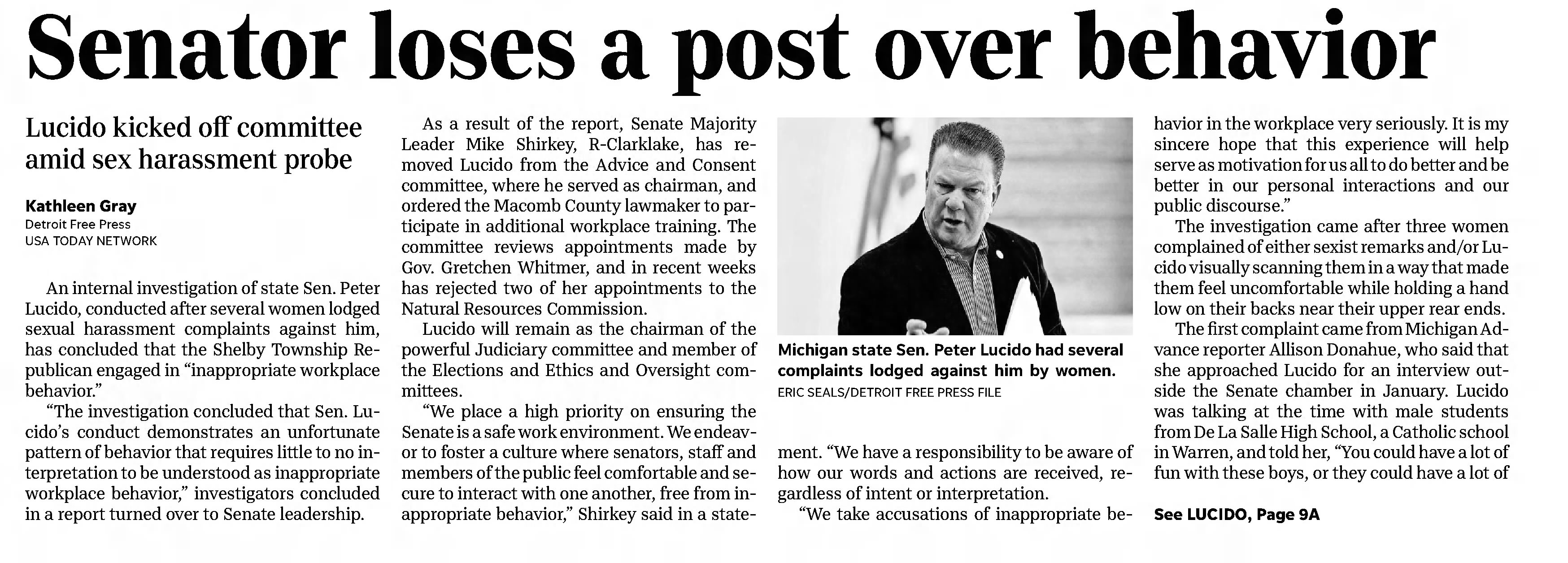 Senator loses a post over behavior 
Detroit Free Press
Detroit, Michigan &middot; Friday, March 06, 2020