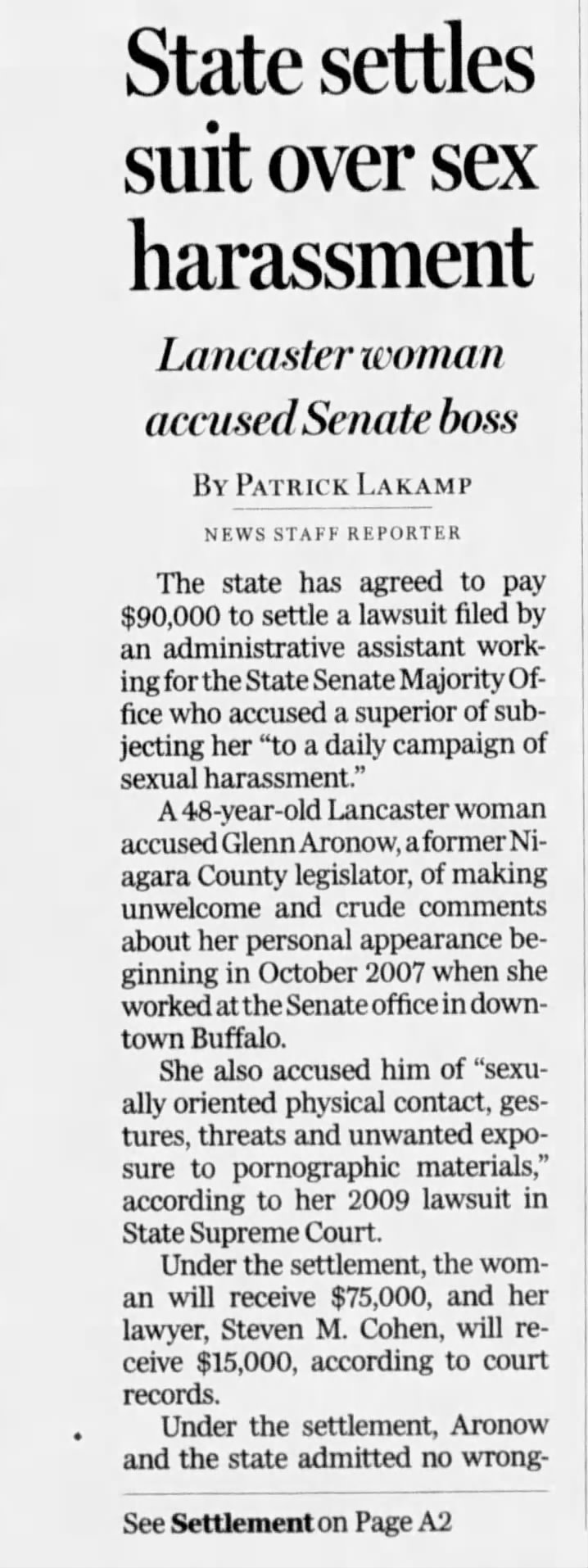 State settles suit over sex harassment
Lancaster woman accused Senate boss
The Buffalo News
Buffalo, New York &middot; Friday, October 05, 2012