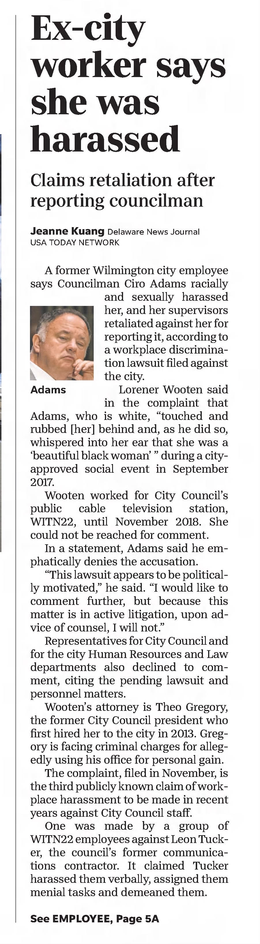 Ex-City worker says she was harassed
Claims retaliation after reporting councilman
The News Journal
Wilmington, Delaware · Tuesday, January 07, 2020