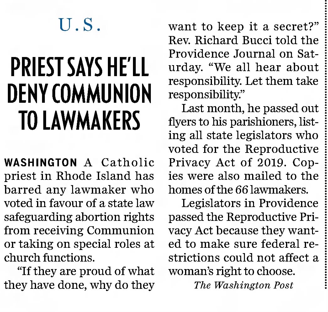 Priest says he'll deny communion to lawmakers The Vancouver Sun
Vancouver, British Columbia, Canada · Tuesday, February 04, 2020
