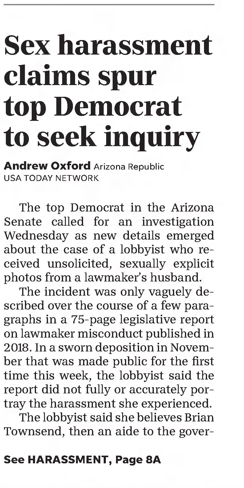 Sex harassment claims spur top Democrat to see inquiry Arizona Republic
Phoenix, Arizona &middot; Friday, February 07, 2020