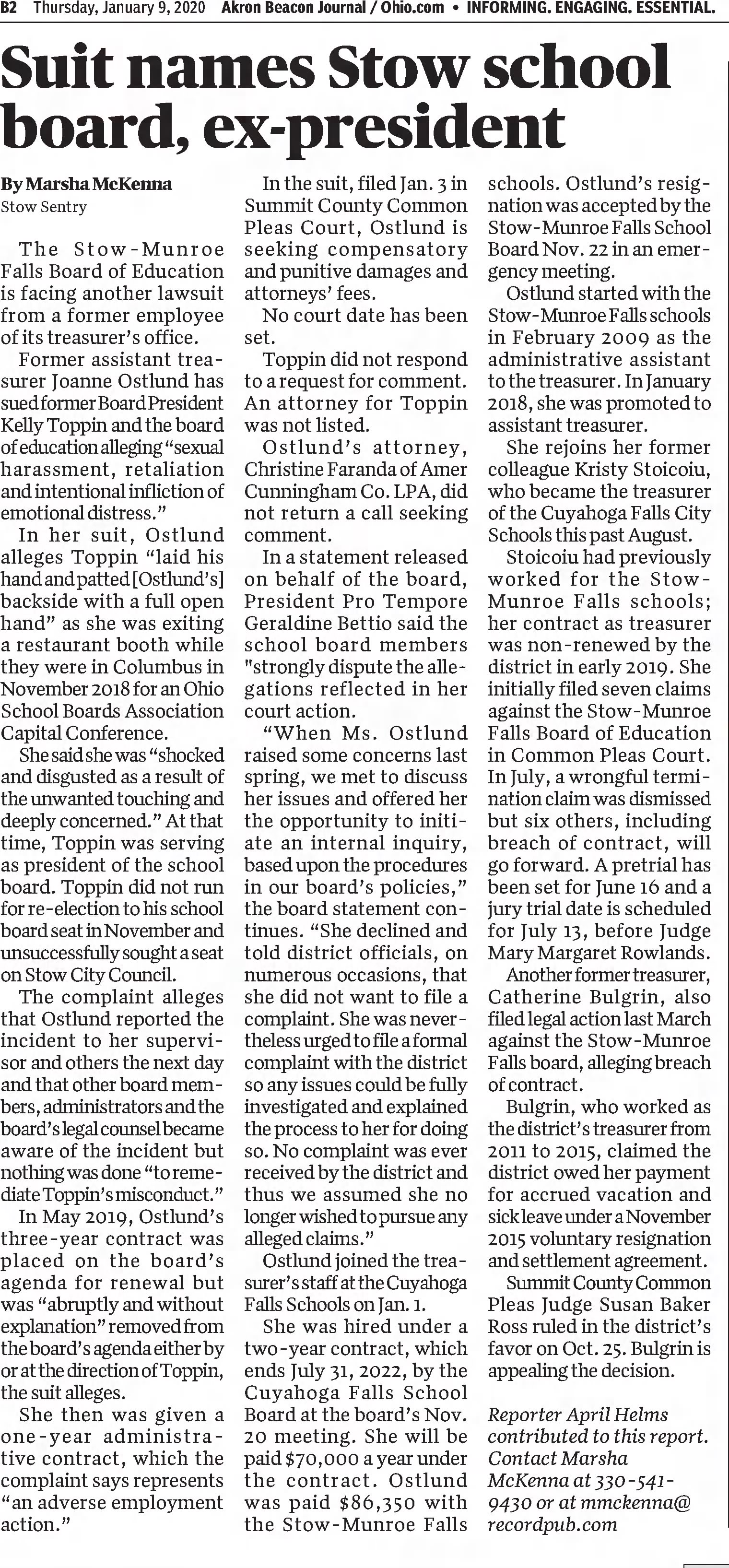 Suit names Stow school board, ex president
The Akron Beacon Journal
Akron, Ohio &middot; Thursday, January 09, 2020