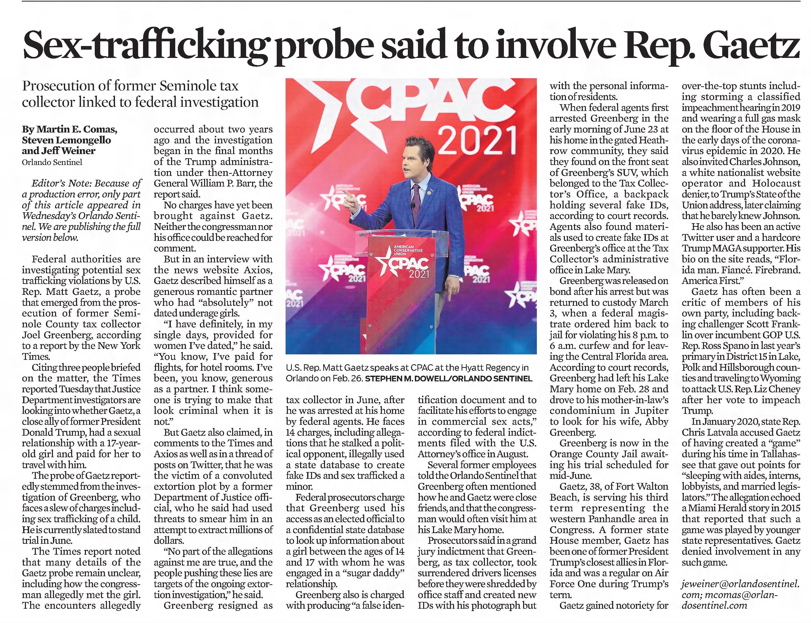 Sex-trafficking probe said to involve Rep. Gaetz
The Orlando Sentinel
Orlando, Florida · Thursday, April 01, 2021