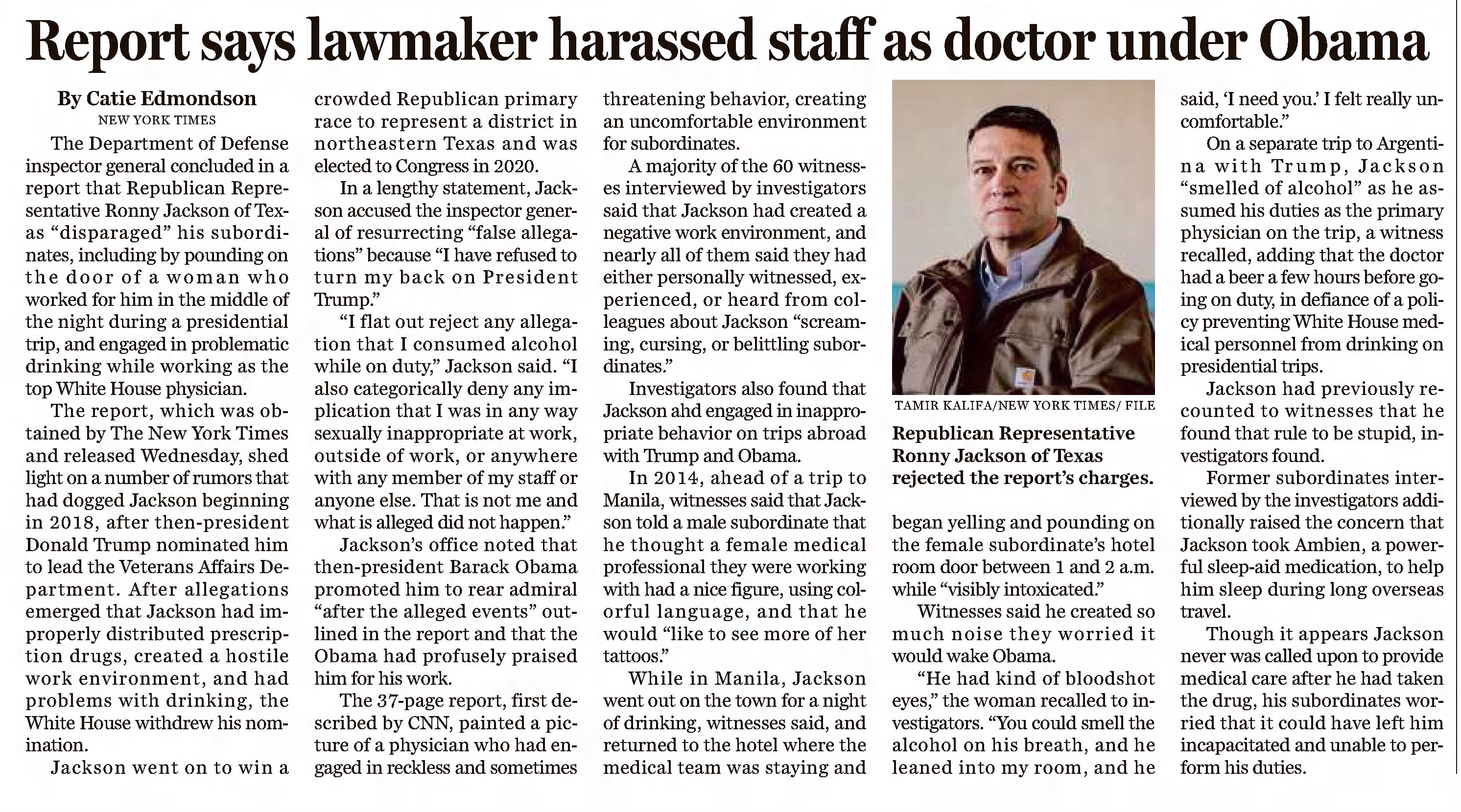Report says lawmaker harassed staff as doctor under Obama 
The Boston Globe
Boston, Massachusetts &middot; Thursday, March 04, 2021