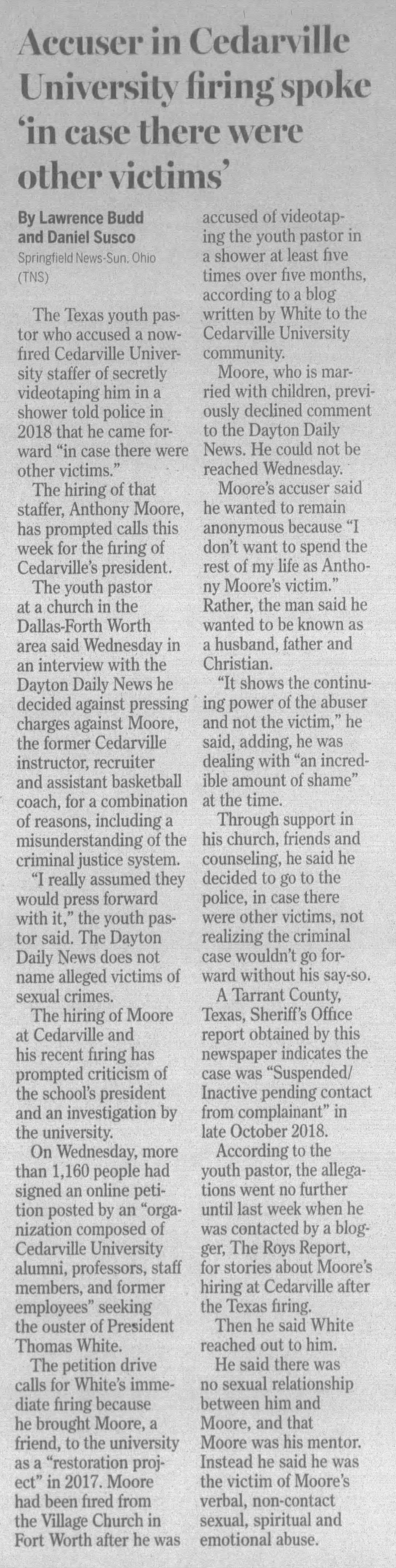 Accuser in Cedarville Univeristy firing spoke 'in case there were other victims'
The Lima News
Lima, Ohio · Friday, May 01, 2020