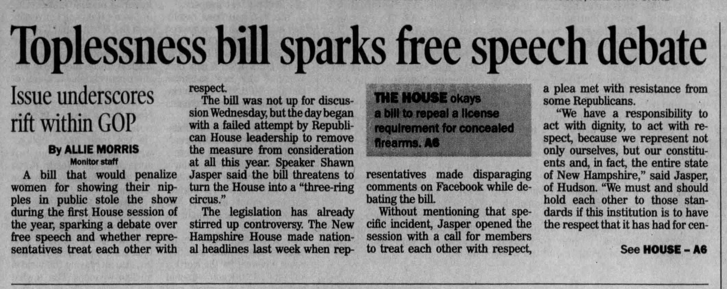 Toplessness bill sparks free speech debate 
Concord Monitor
Concord, New Hampshire &middot; Thursday, January 07, 2016