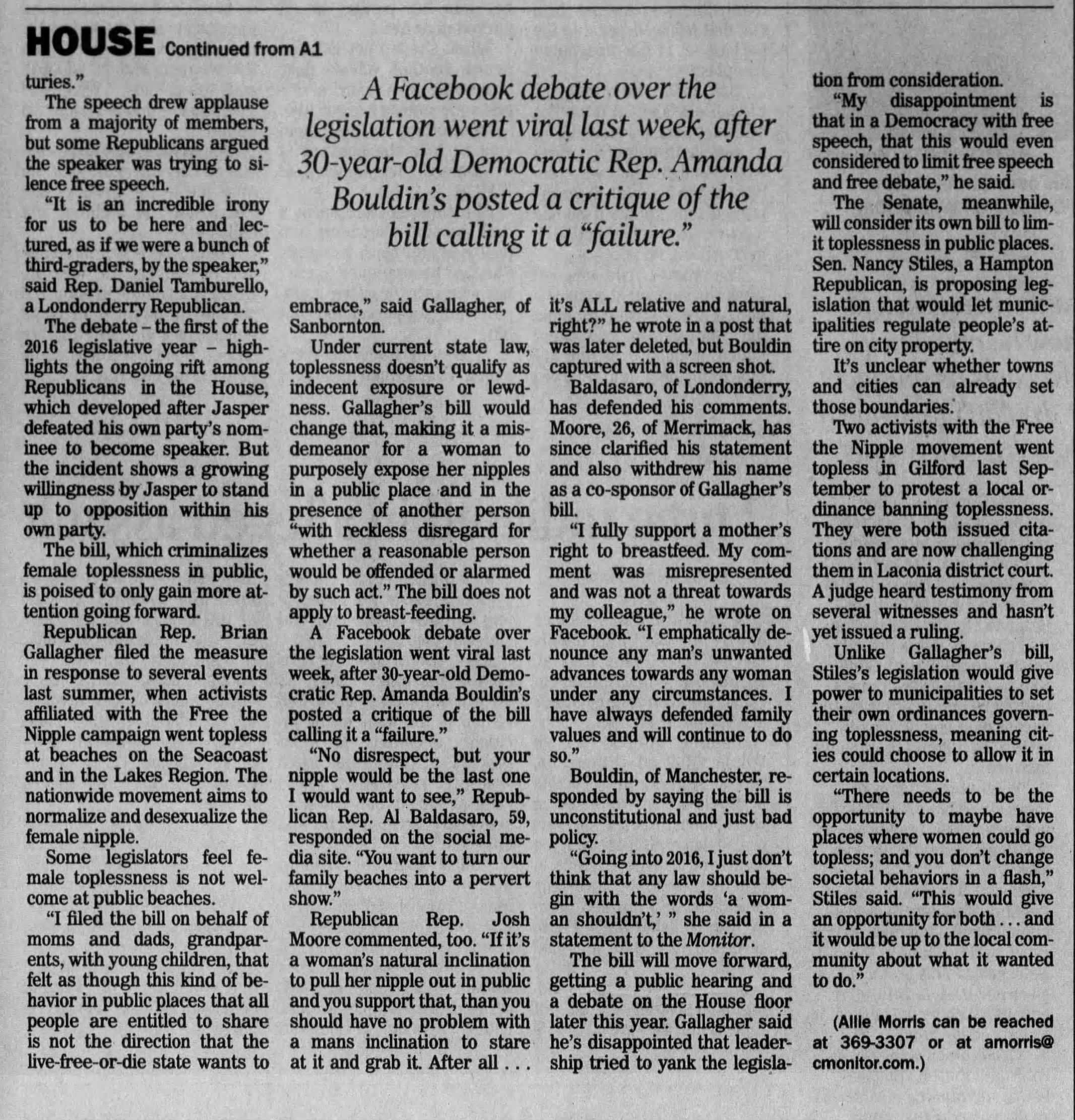 A Facebook debate over the legislation went viral last week, after 30-year-old Democratic Rep. Amanda Bouldin's posted a critique of the bill calling it a failure. 
Concord Monitor
Concord, New Hampshire &middot; Thursday, January 07, 2016