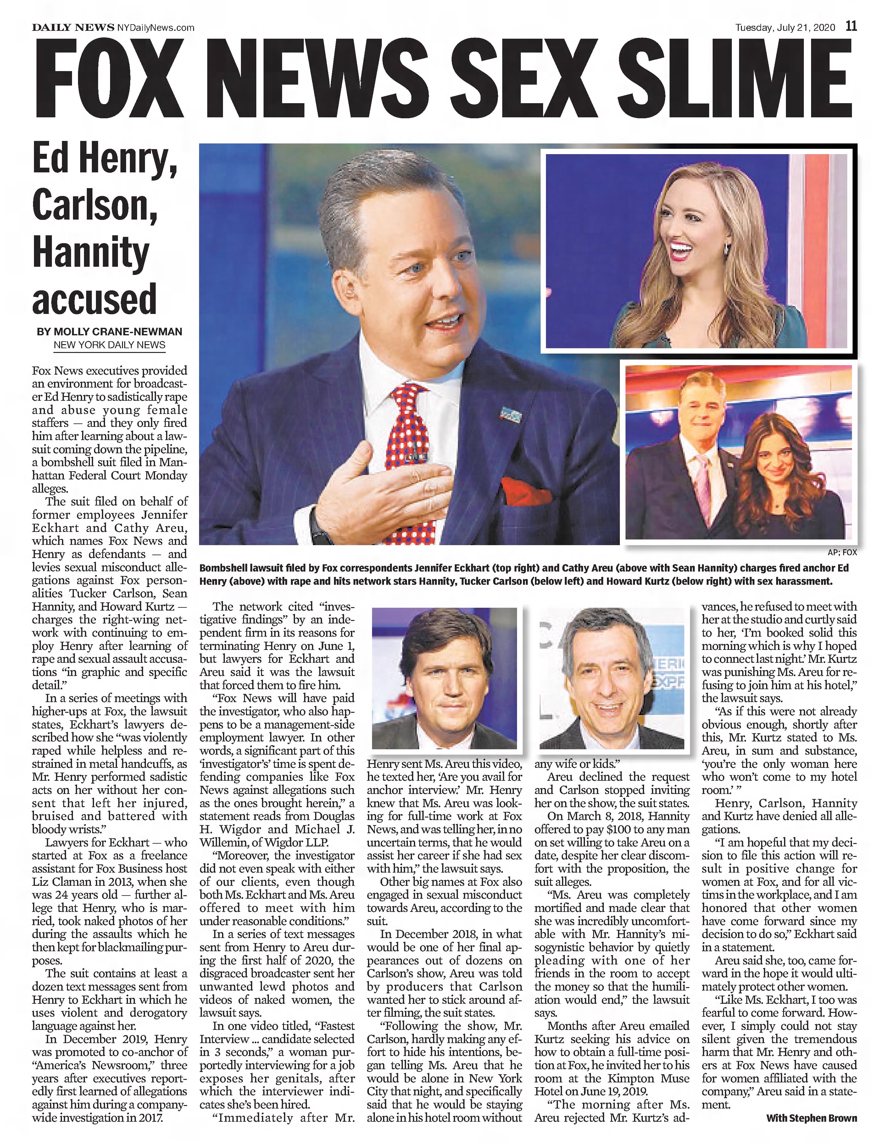 FOX News Sex Slime
Ed Henry, Carlson, Hannity Accused
Daily News
New York, New York &middot; Tuesday, July 21, 2020