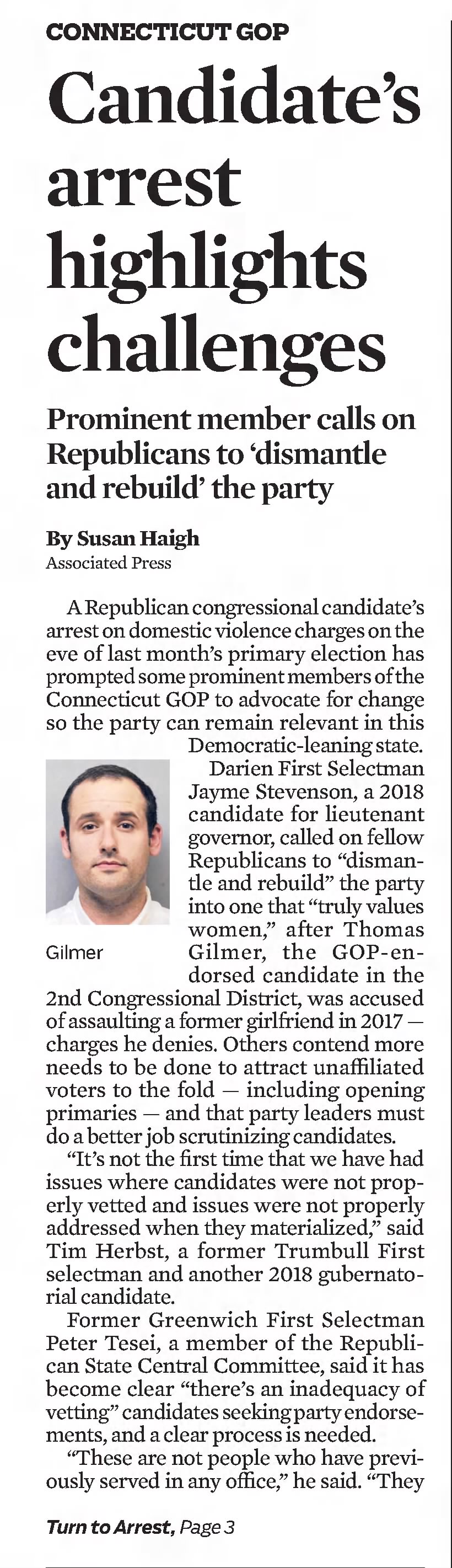 CT GOP
Candidate's arrest highlights challenges
Hartford Courant
Hartford, Connecticut &middot; Monday, September 07, 2020