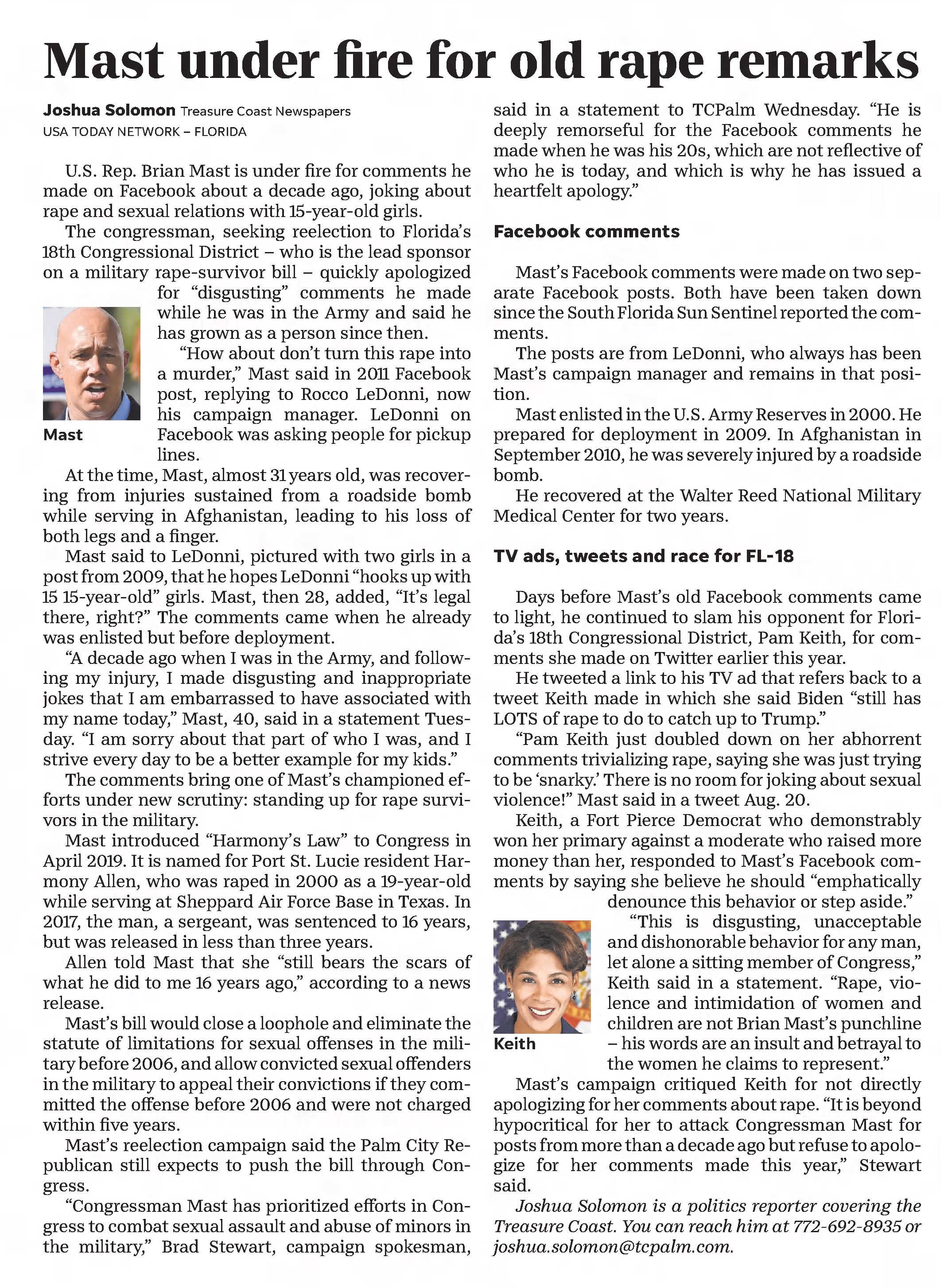 Mast under fire for old rape remarks
Indian River Press Journal
Vero Beach, Florida &middot; Thursday, August 27, 2020