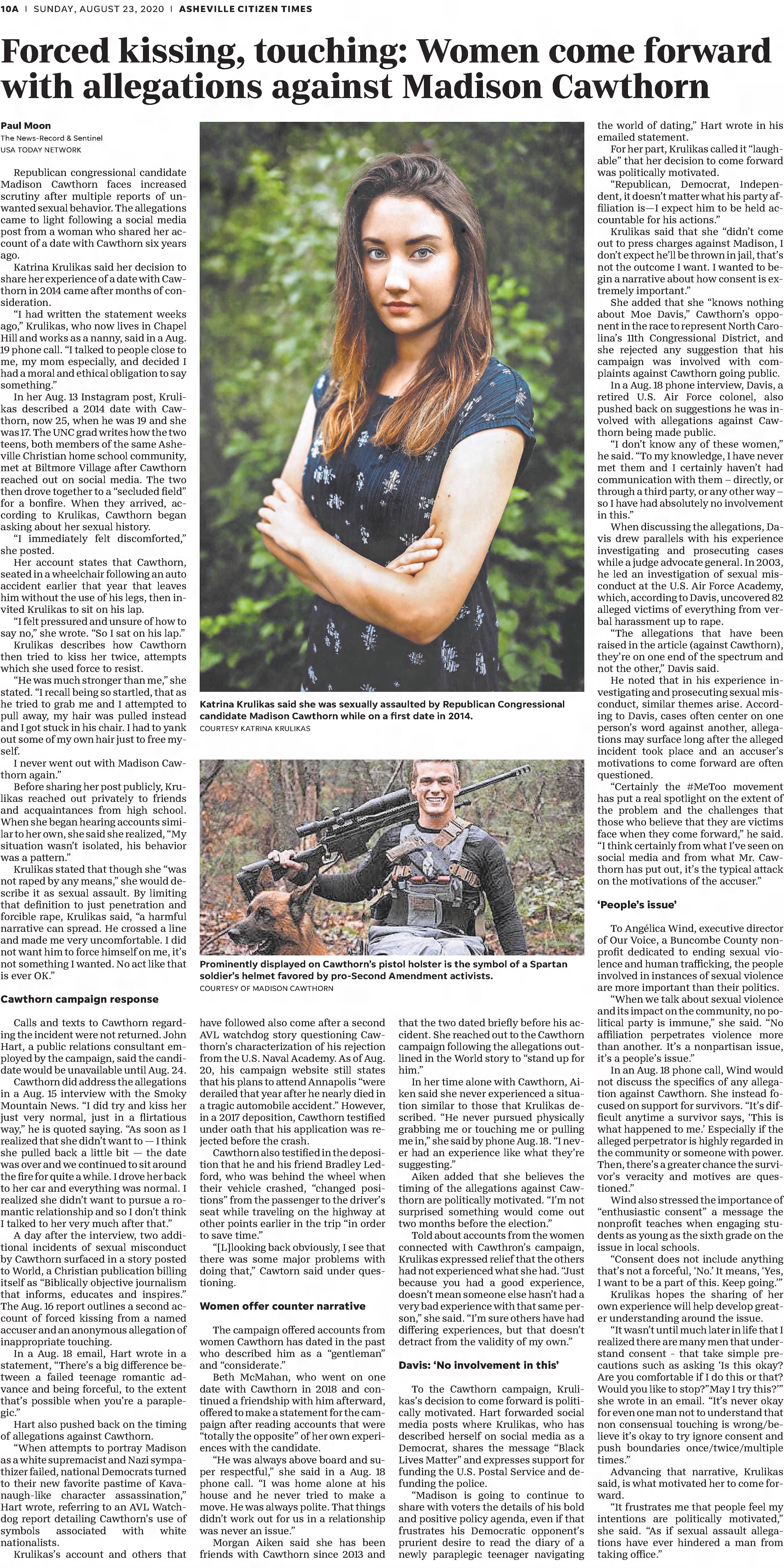 Forced kissing, touching: Women come foward wiht allegations against Madison Cawthorn
Asheville Citizen-Times
Asheville, North Carolina · Sunday, August 23, 2020