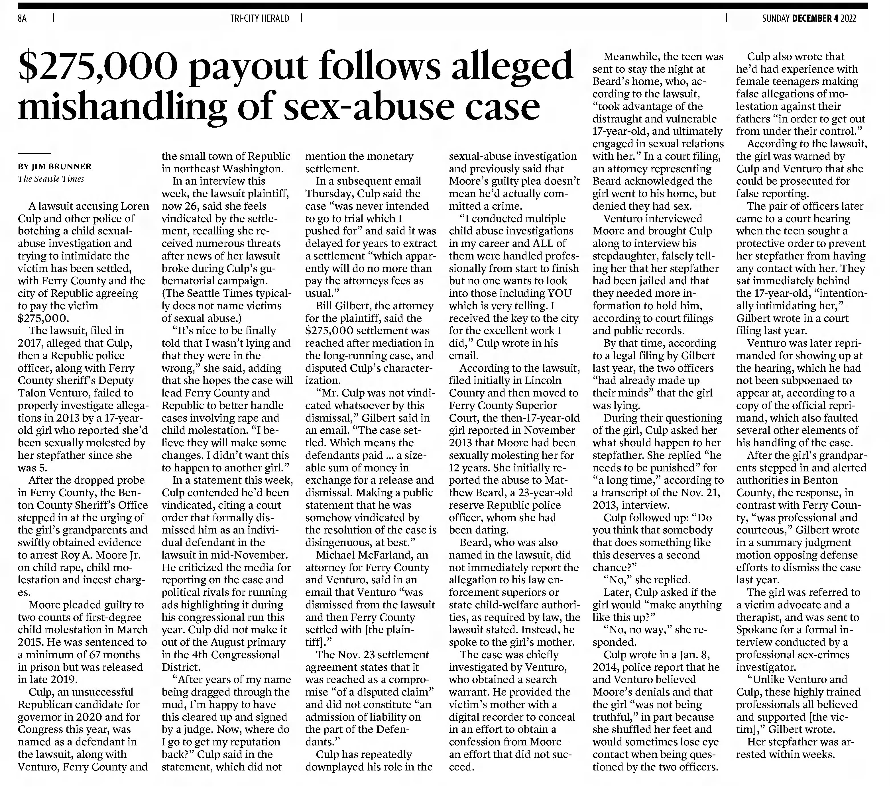 $275,000 payout follows alleged mishandling of sex-abuse case 
&times;
Tri-City Herald
Pasco, Washington &middot; Sunday, December 04, 2022