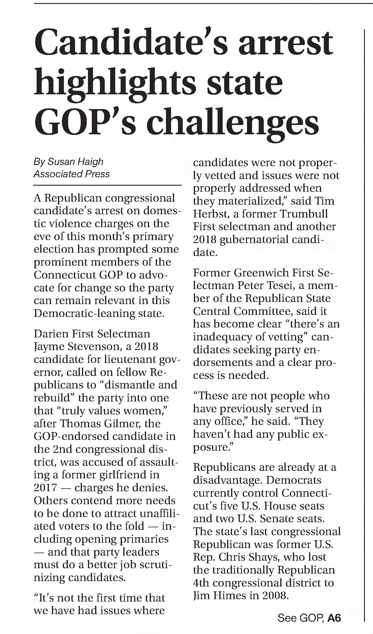 CAndidate's arrest highlights state GOP's challenges
Record-Journal
Meriden, Connecticut · Monday, August 31, 2020