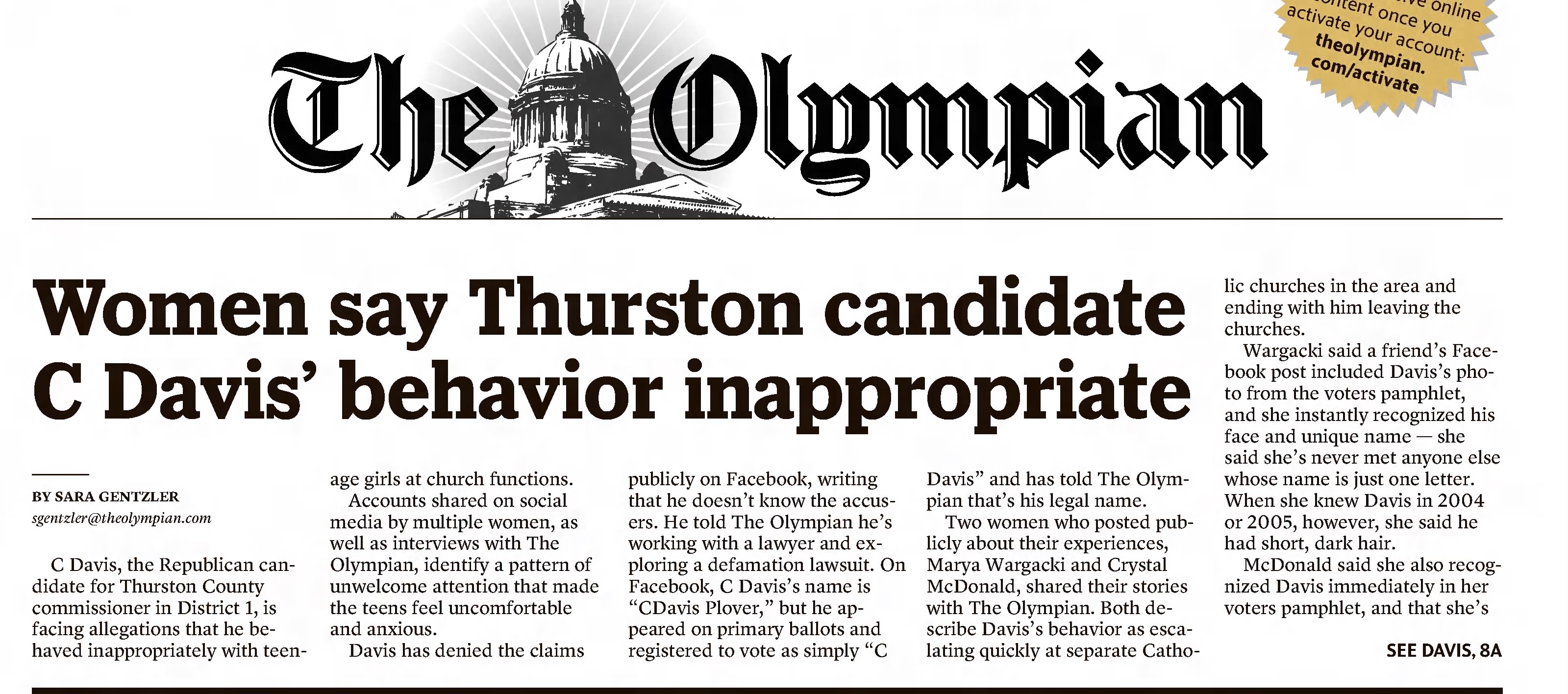 Women say Thurston candidate C Davis' behavior inappropriate
The Olympian
Olympia, Washington · Friday, August 28, 2020