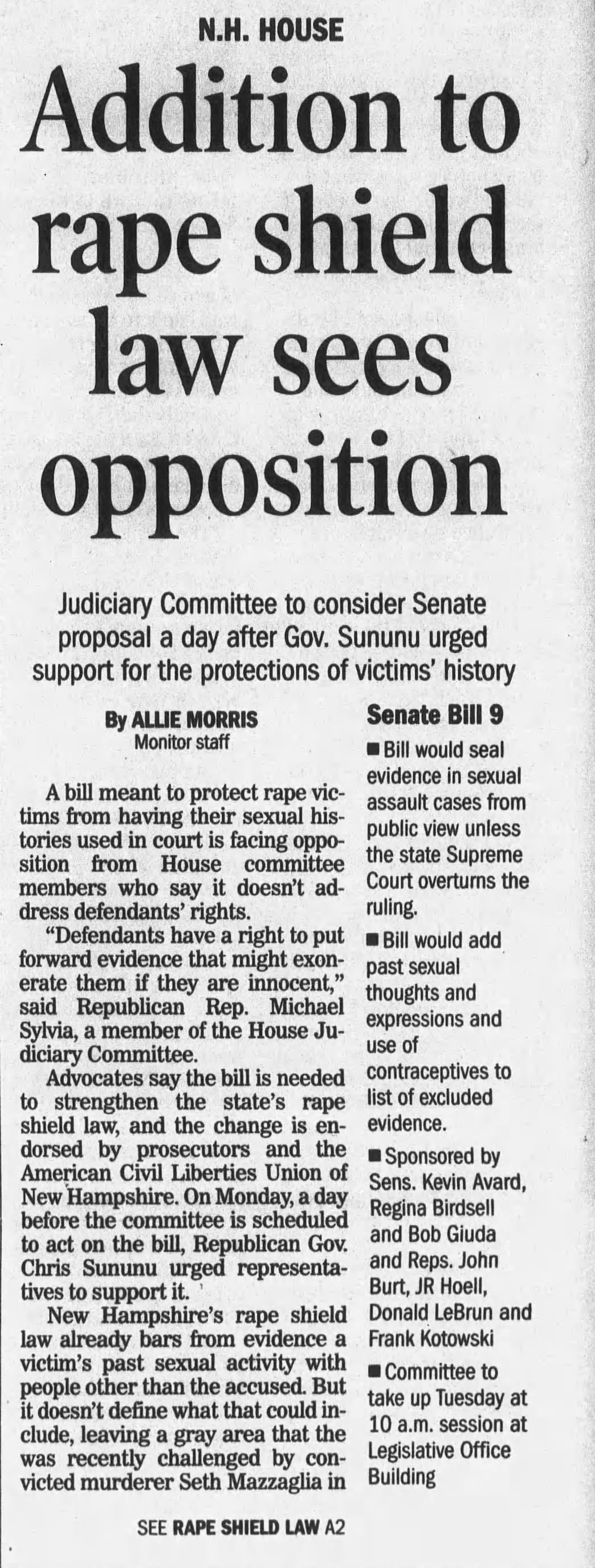 Addition to rape shield law sees opposition
https://www.concordmonitor.com/committee-to-vote-on-rape-shield-law-9469902