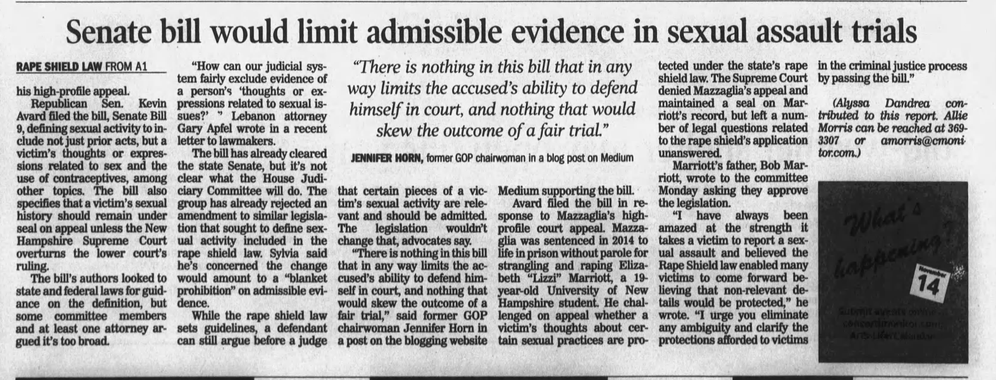 Senate bill would limit admissible evidence in sexual assault trials.
Concord Monitor
Concord, New Hampshire · Tuesday, April 25, 2017