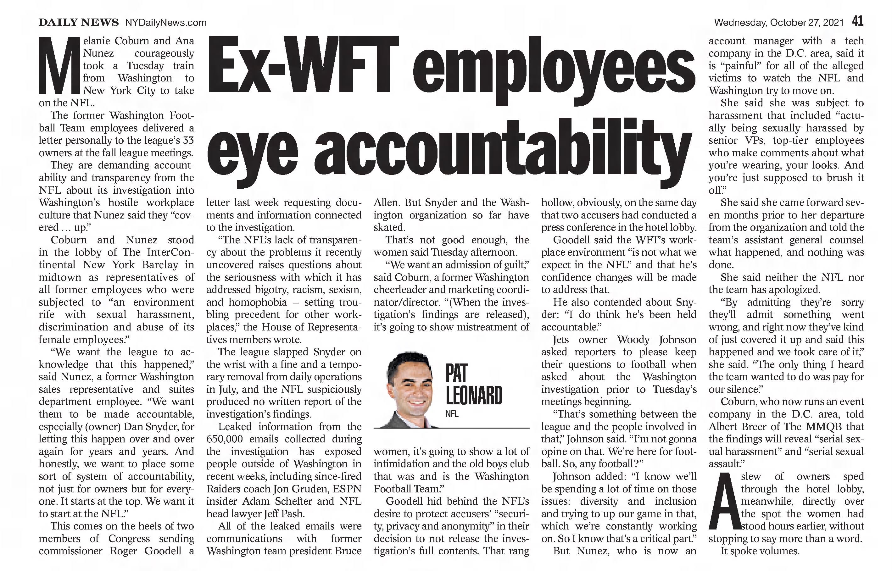 Ex-WFT employees eye accountability
Daily News
New York, New York · Wednesday, October 27, 2021