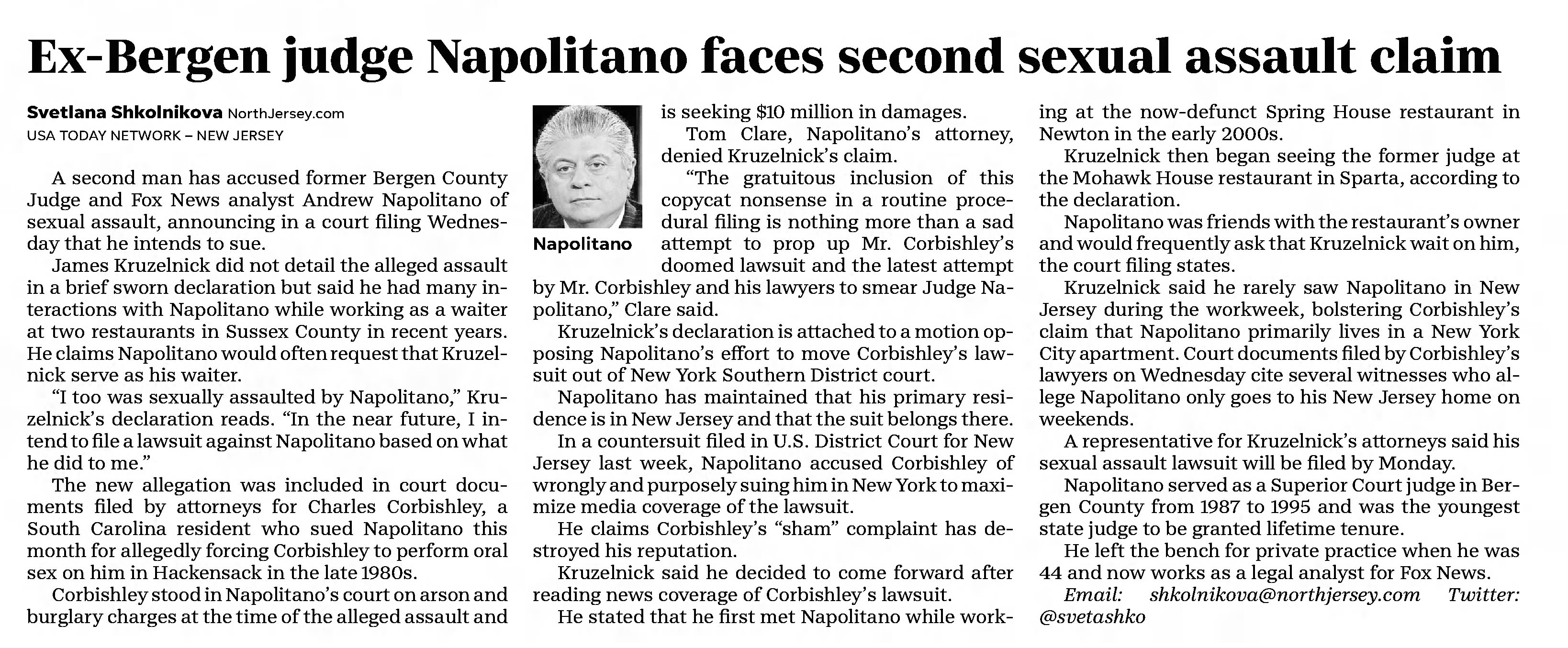 Ex-Bergen judge Napolitano faces second sexual assault claim
Daily Record
Morristown, New Jersey · Friday, September 25, 2020