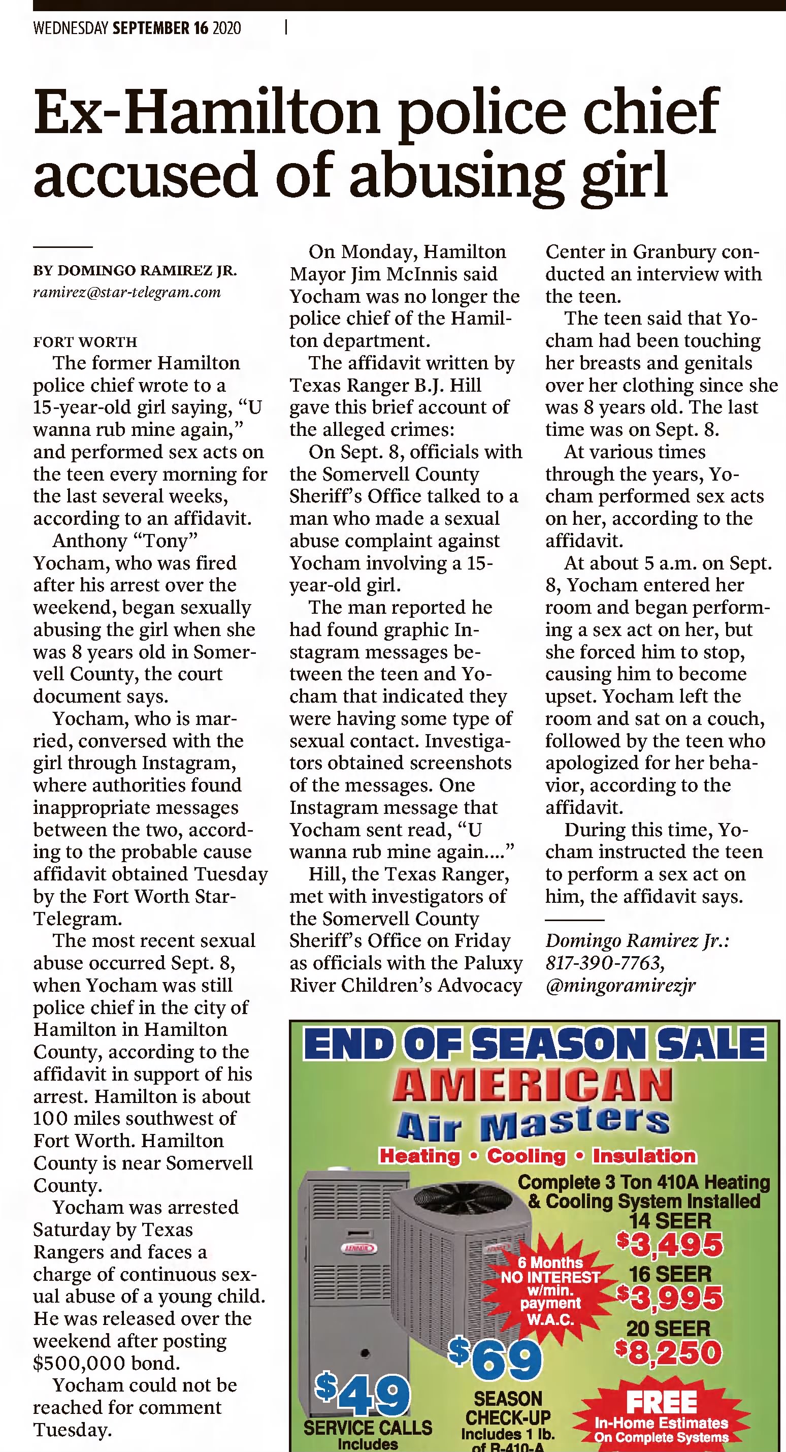 Es-Hamilton police chief accused of abusing girl
Fort Worth Star-Telegram
Fort Worth, Texas · Wednesday, September 16, 2020