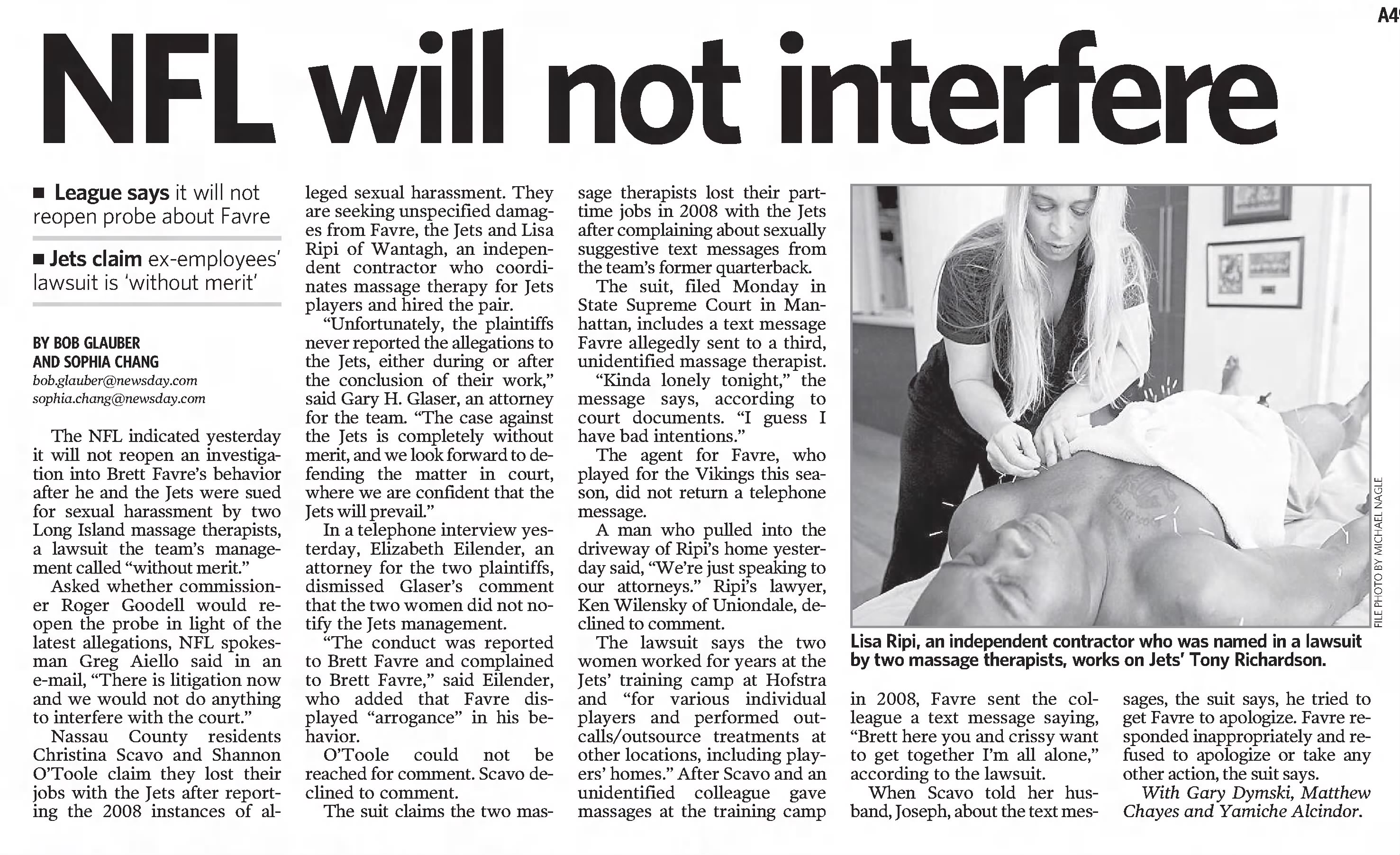 NFL will not intervene
Newsday
05 Jan 2011, Wed · Page A49