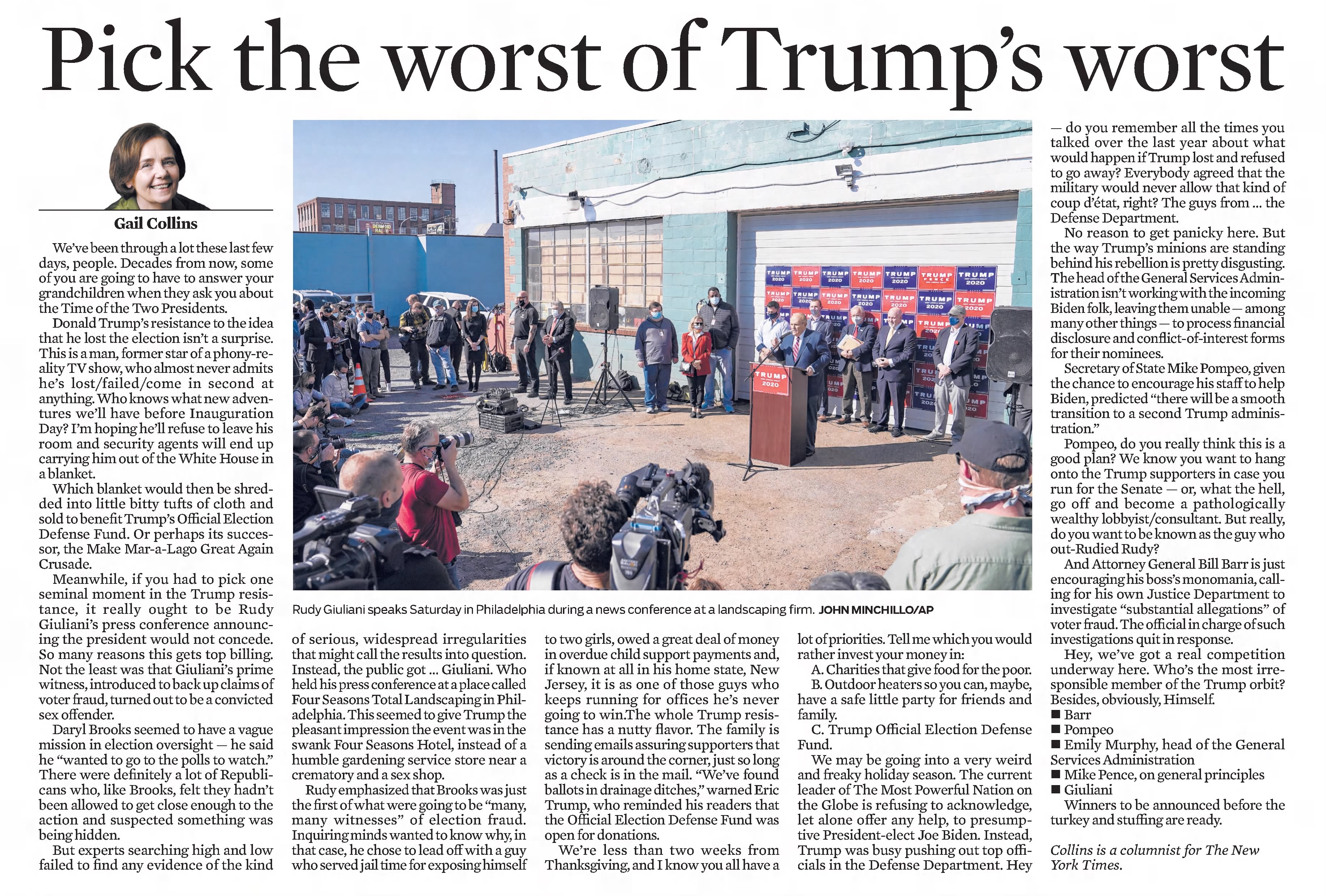 Pick the worst of Trump's worst
The Morning Call
Allentown, Pennsylvania · Friday, November 13, 2020