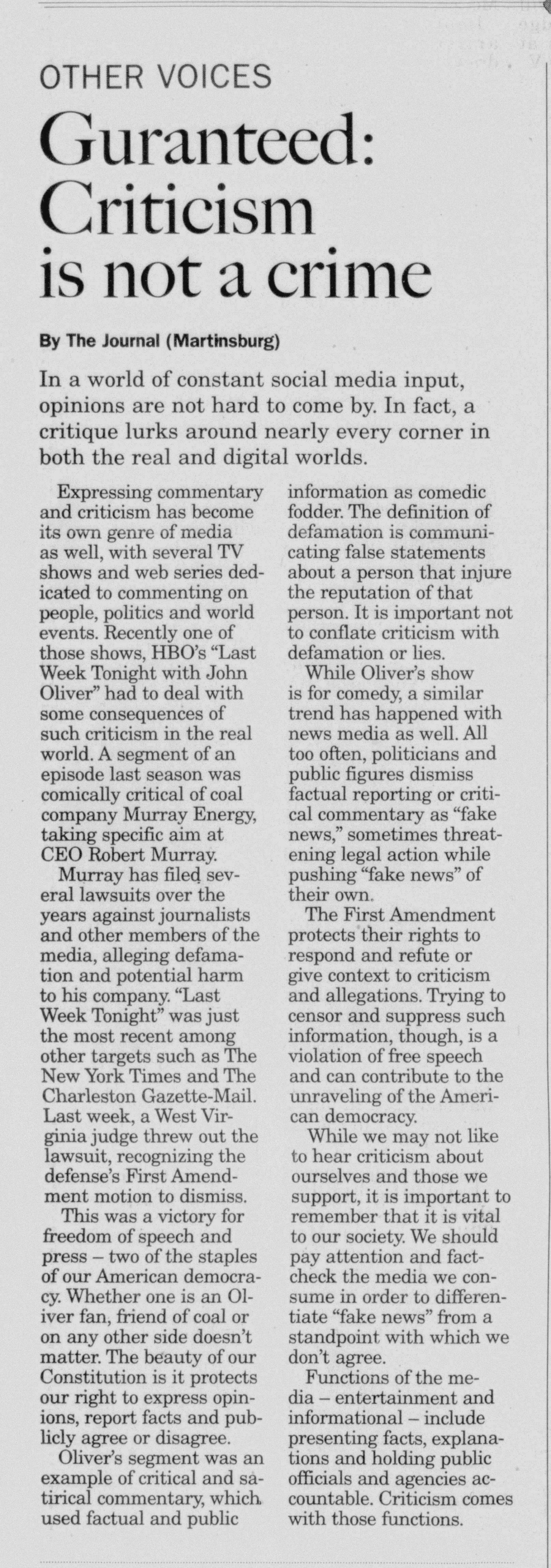 Guaranteed: Criticism is not a crime 
Beckley Register Herald
07 Mar 2018, Beckley, West Virginia
