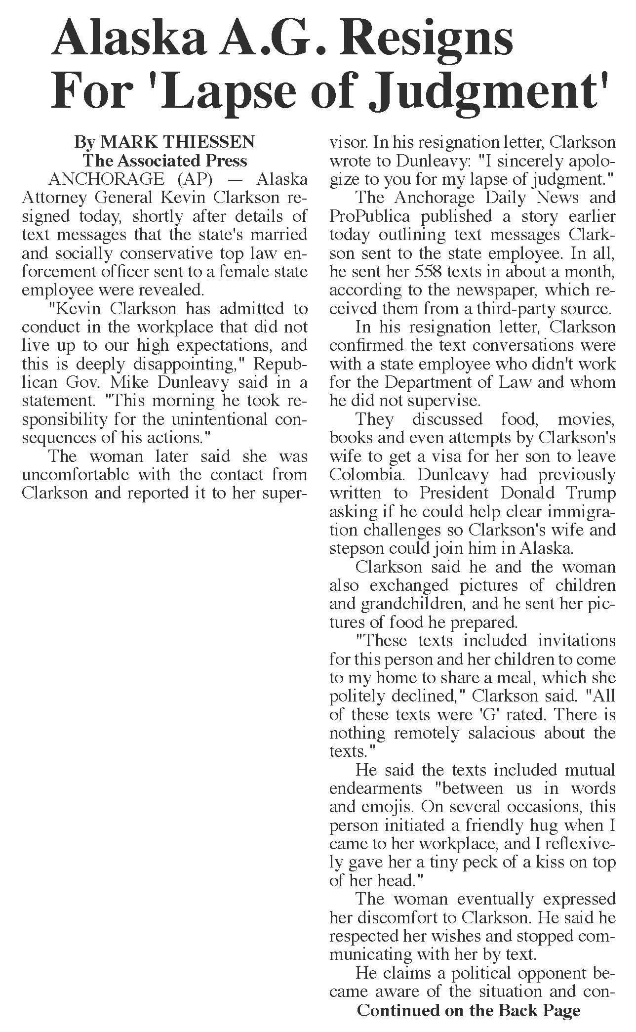 Alaska AG resigns for Lapse of Judgment 
Daily Sitka Sentinel
Aug 25, 2020, Page 1

Sitka, Alaska, US