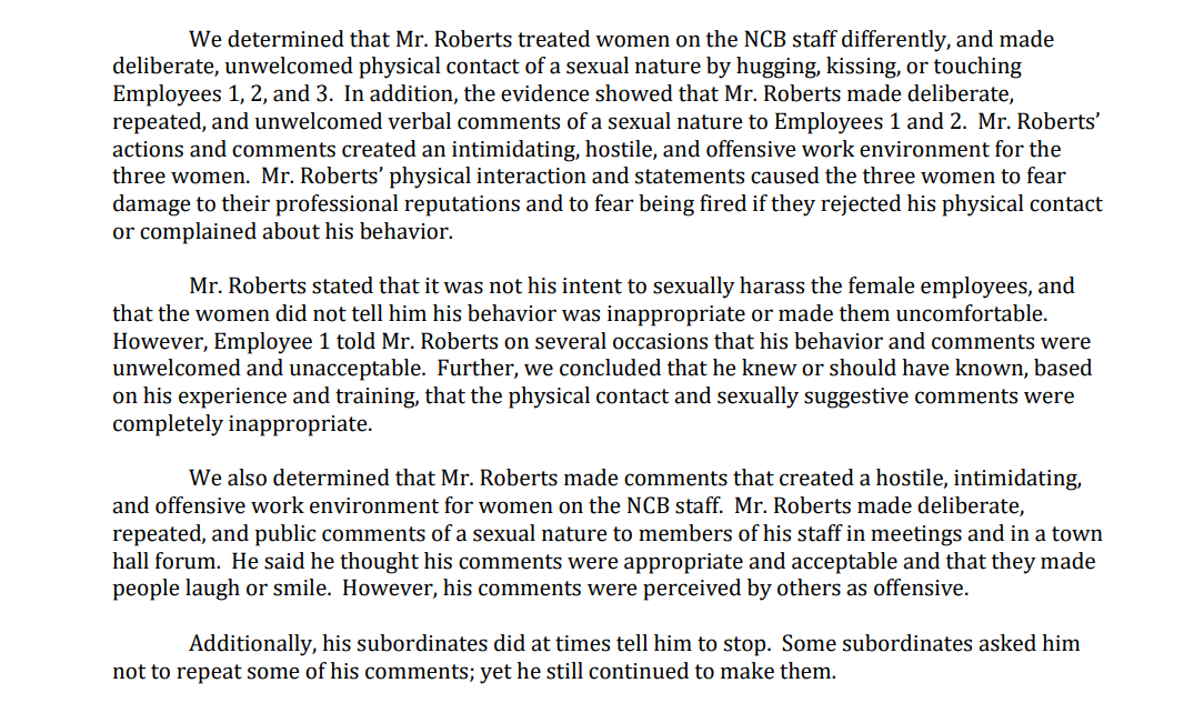 Screenshot from the report listing the allegations that were substantiated, treating women differently, making unwelcome sexual advances, kissing, touching, and verbal comments.