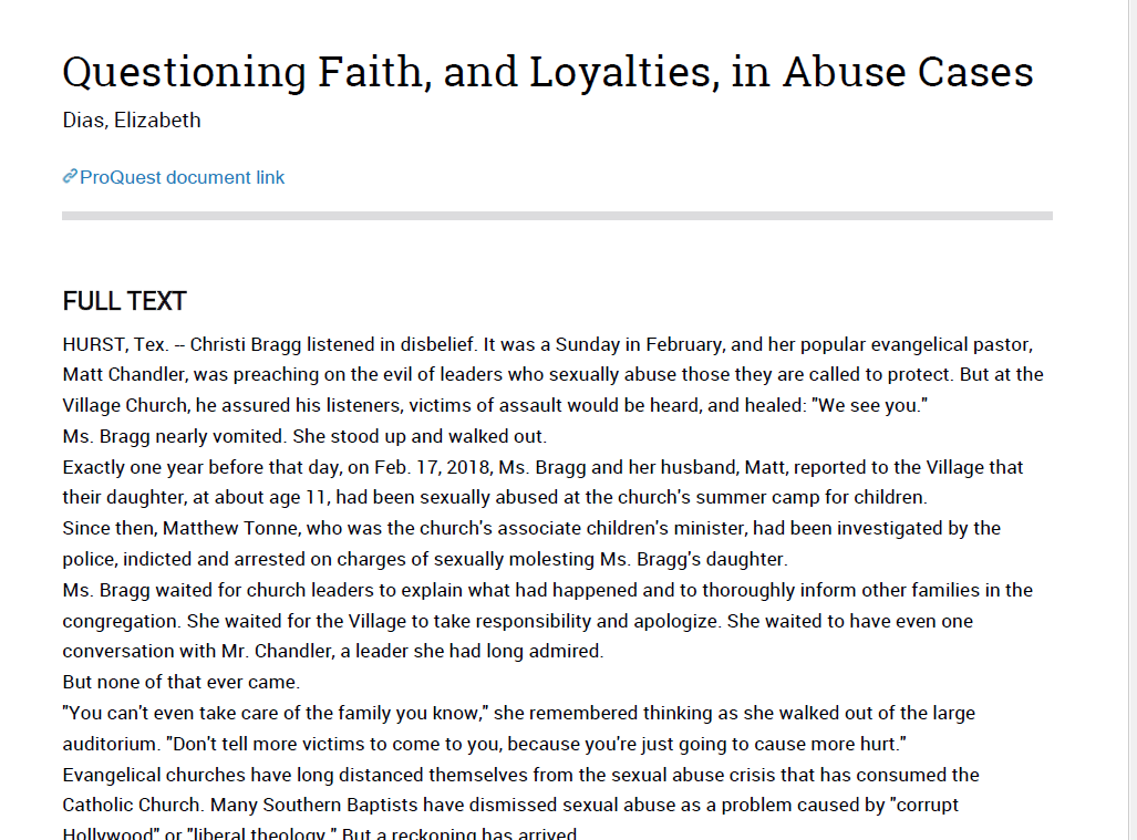 Questioning Faith, and Loyalties in Abuse Case
New York Times
https://www.proquest.com/docview/2237757530?accountid=37296