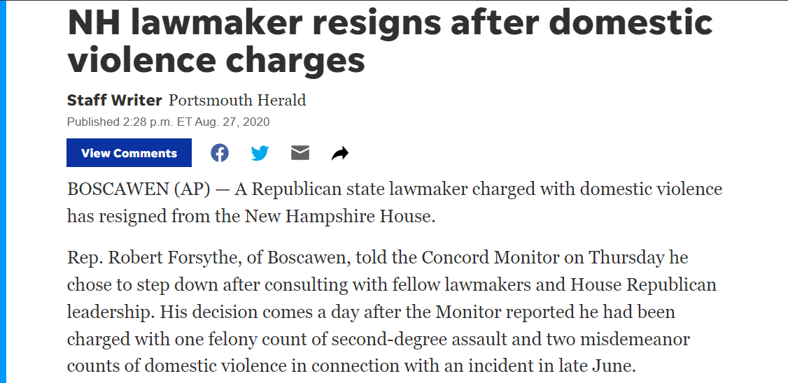 NH lawmaker resigns after domestiv violence charges 
Portsmouth Herald
August 27, 2020