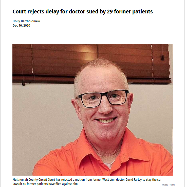 Court rejects delay for doctor sued by 29 forme rpatients
Portland Tribune
Dec 16, 2020