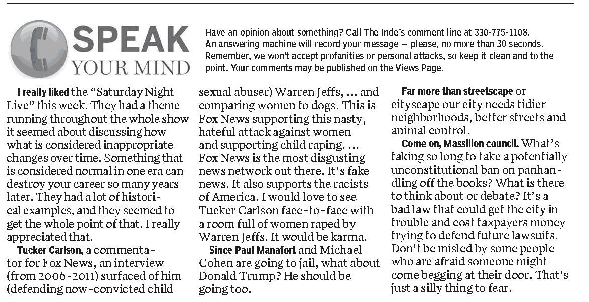 Speak your mind
Massillon Independent
Mar 13, 2019, Page 4
Massillon, Ohio, US