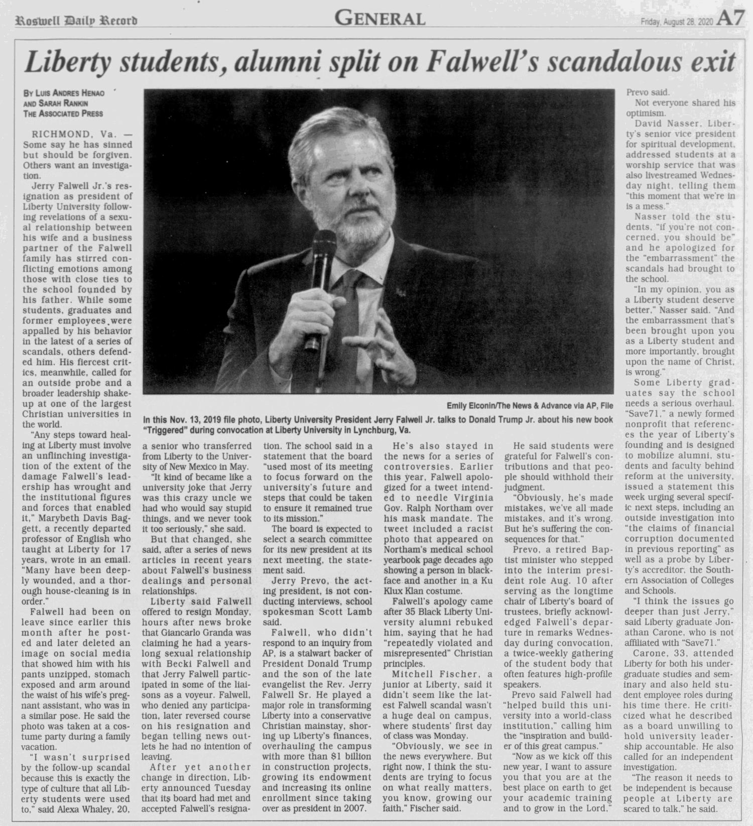 Liberty students, alumni split on Falwell's scandalous exit
Roswell Daily Record
Aug 28, 2020, Page 7

Roswell, New Mexico, US