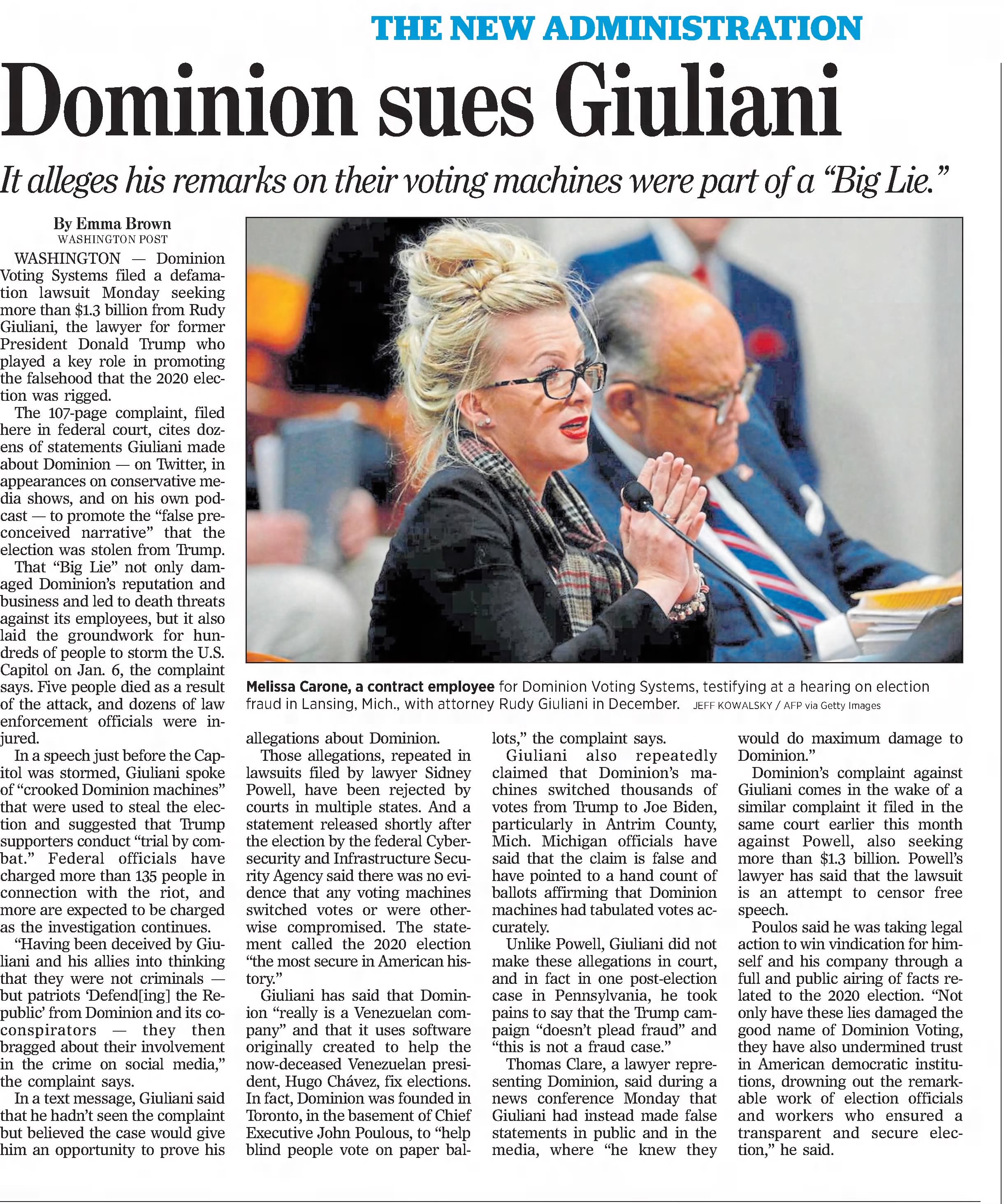 Dominion Sues Giuliani
The Philadelphia Inquirer
Philadelphia, Pennsylvania &middot; Tuesday, January 26, 2021