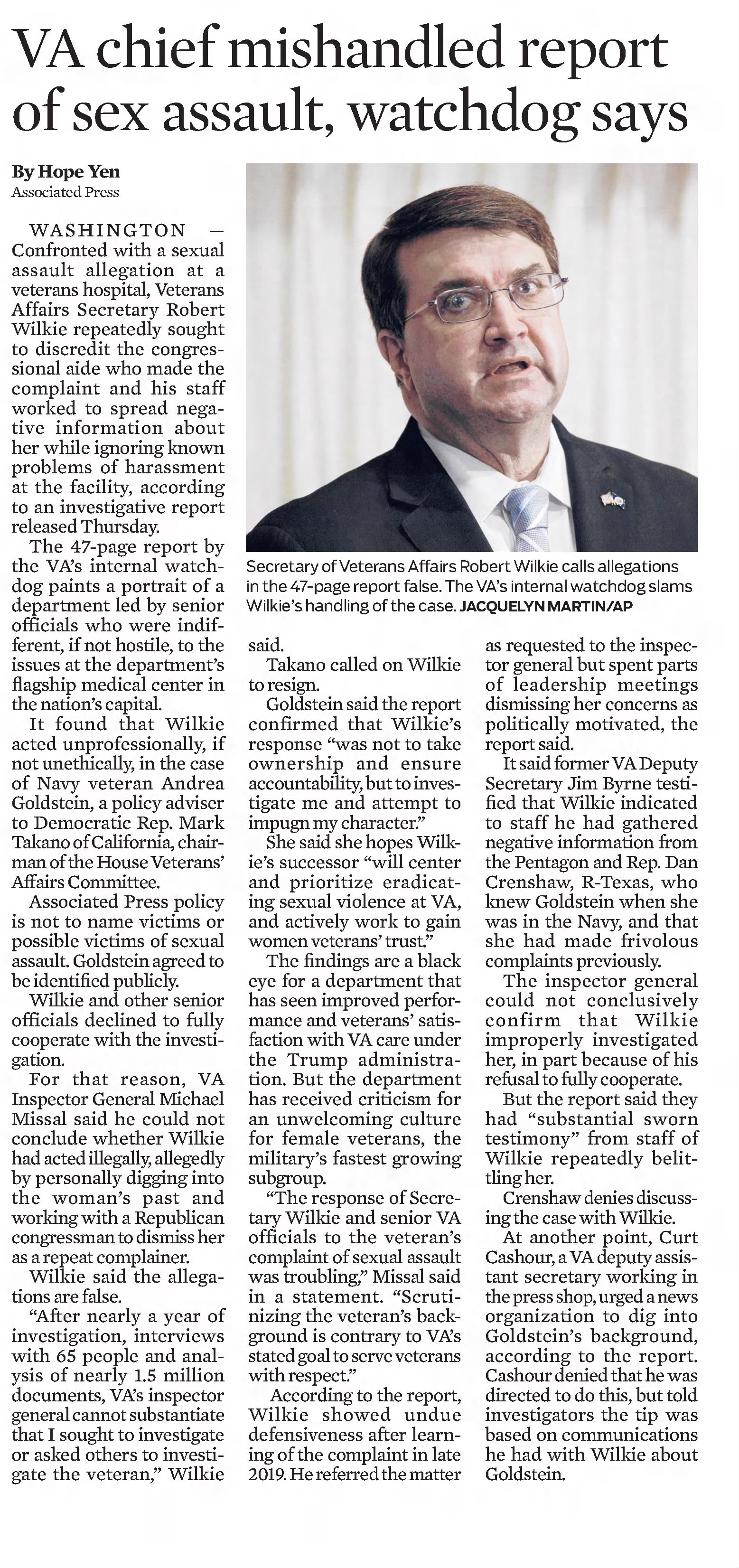 CA chief mishandle report of sex assault
Chicago Tribune
Chicago, Illinois &middot; Friday, December 11, 2020