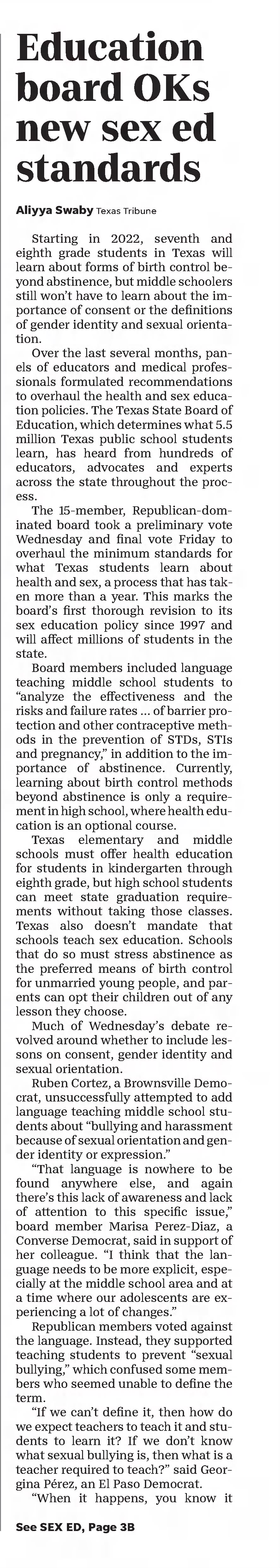 Education board OK's new sex ed standards Corpus Christi Caller-Times
Corpus Christi, Texas · Sunday, November 22, 2020