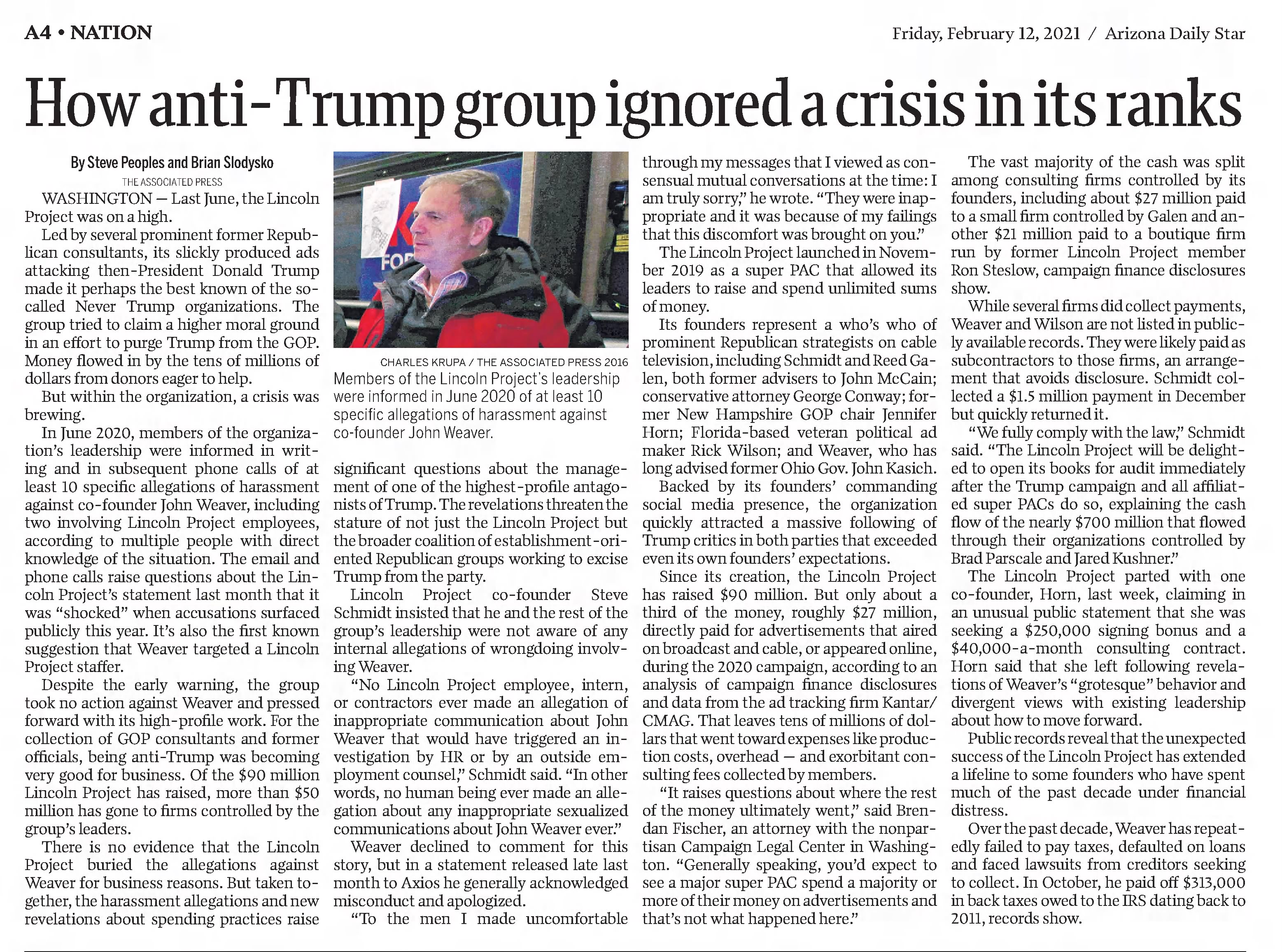 How anti-Trump group ignored a crisis in its ranks 
Arizona Daily Star
Tucson, Arizona &middot; Friday, February 12, 2021