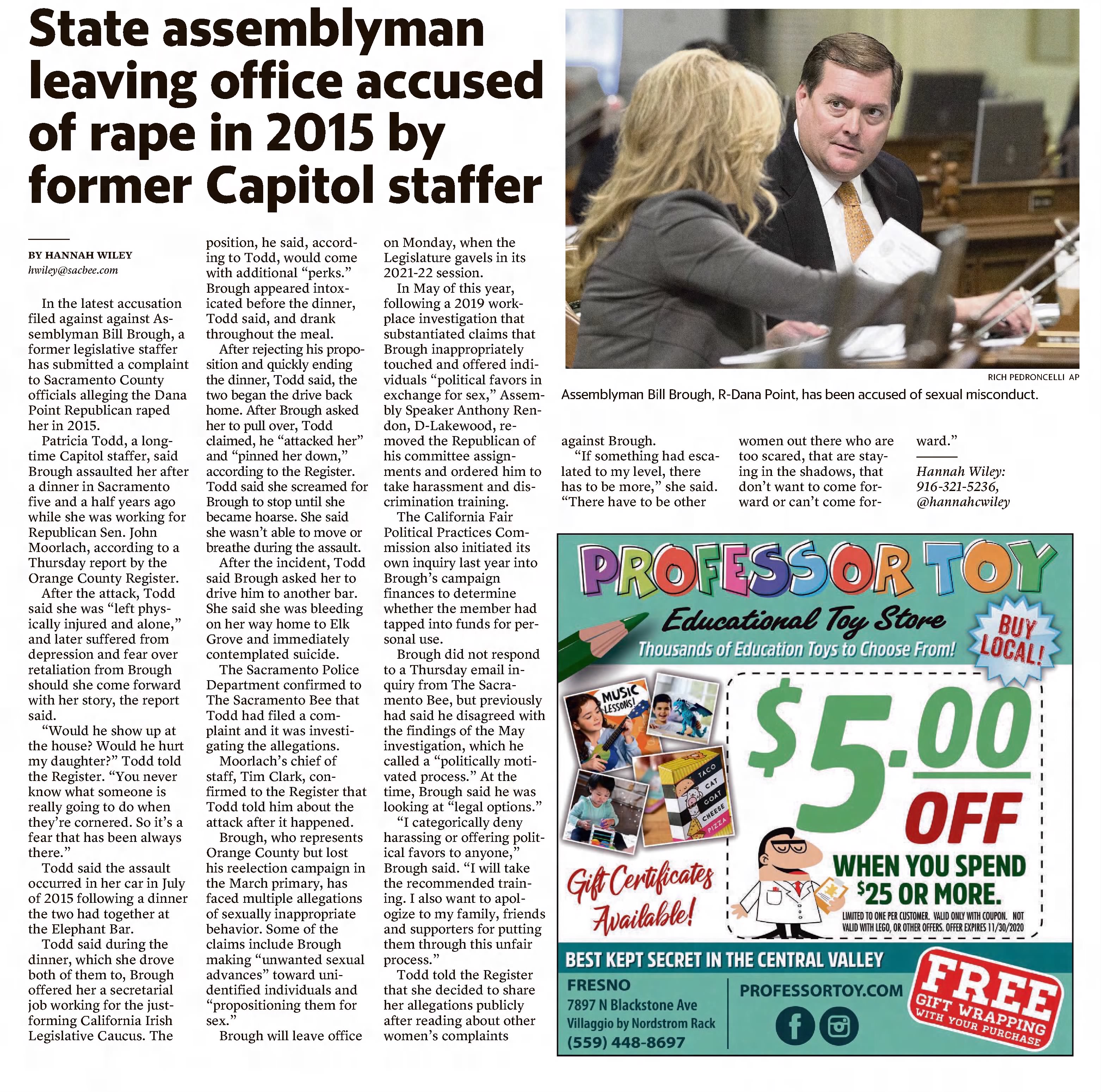 State assemblyman leaving office accused of rape in 2015 by former Capitol staffer 
The Fresno Bee
Fresno, California &middot; Sunday, December 06, 2020