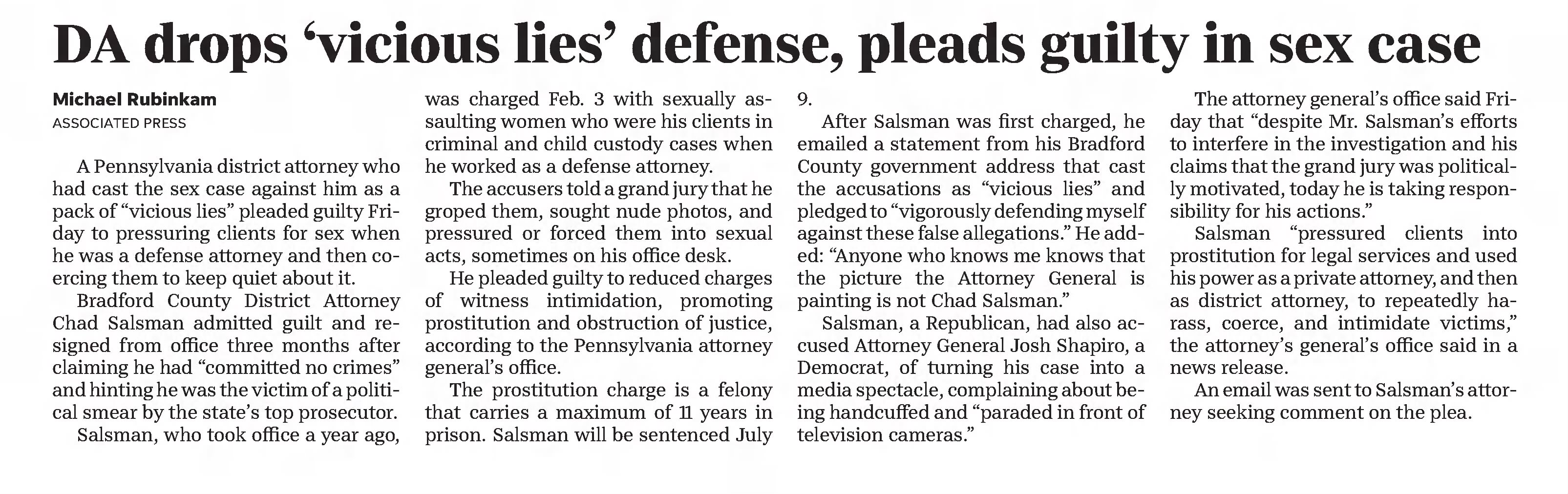 SA drops vicious lies defense, pleads guilty in sex case 
Public Opinion
Chambersburg, Pennsylvania &middot; Saturday, May 08, 2021