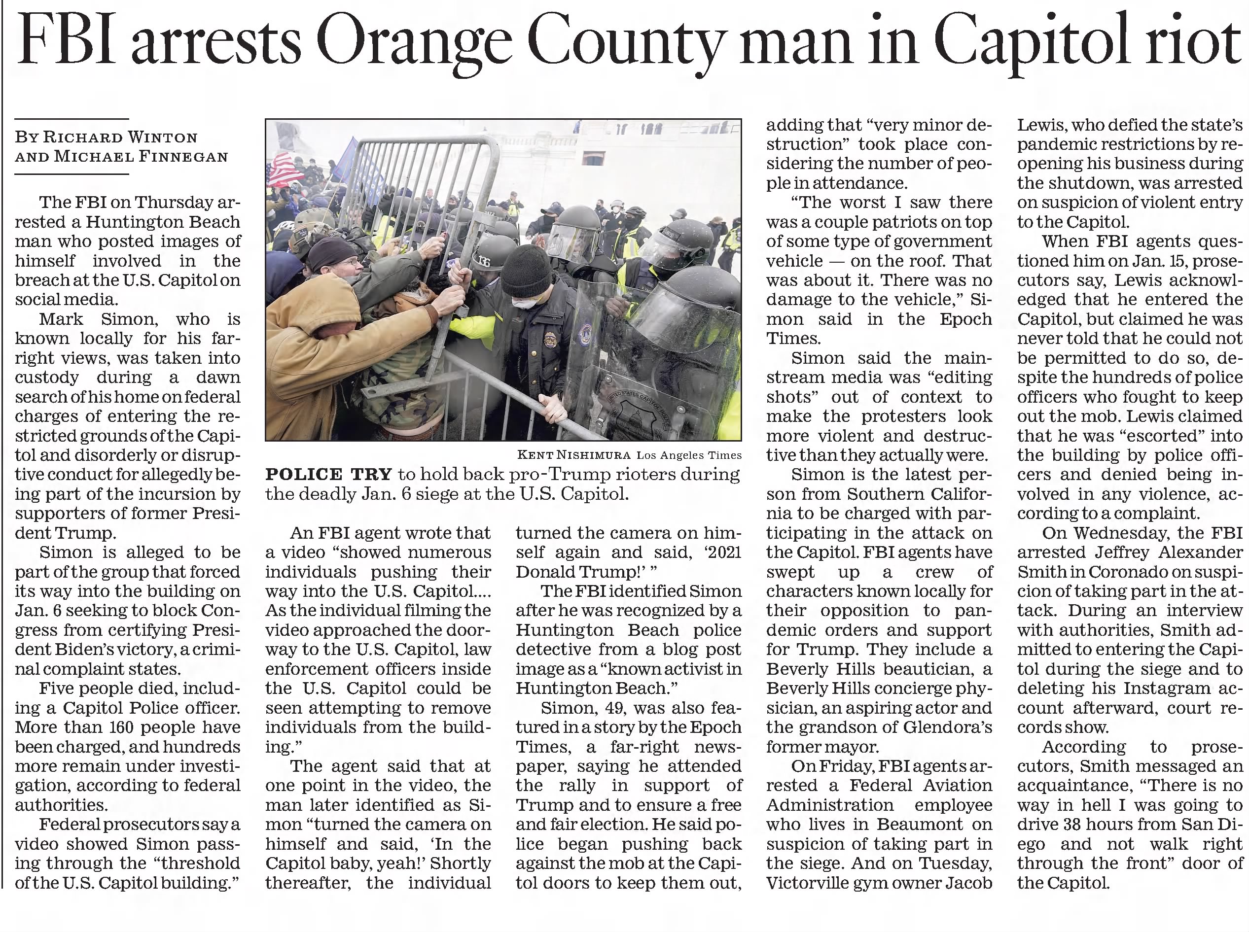 FBI arrests Orange County man in Capitol riot
The Los Angeles Times
Los Angeles, California &middot; Friday, January 29, 2021