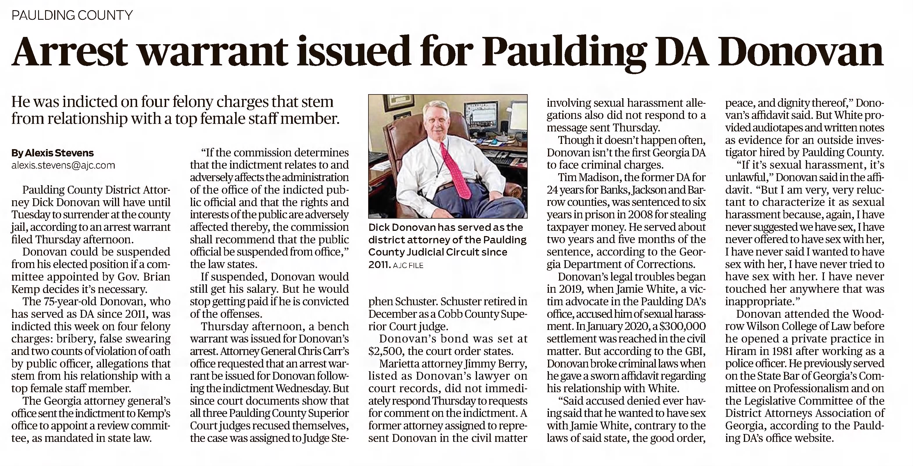 Arrest warrant issued for Paulding DA Donovan
The Atlanta Constitution
Atlanta, Georgia &middot; Friday, February 19, 2021