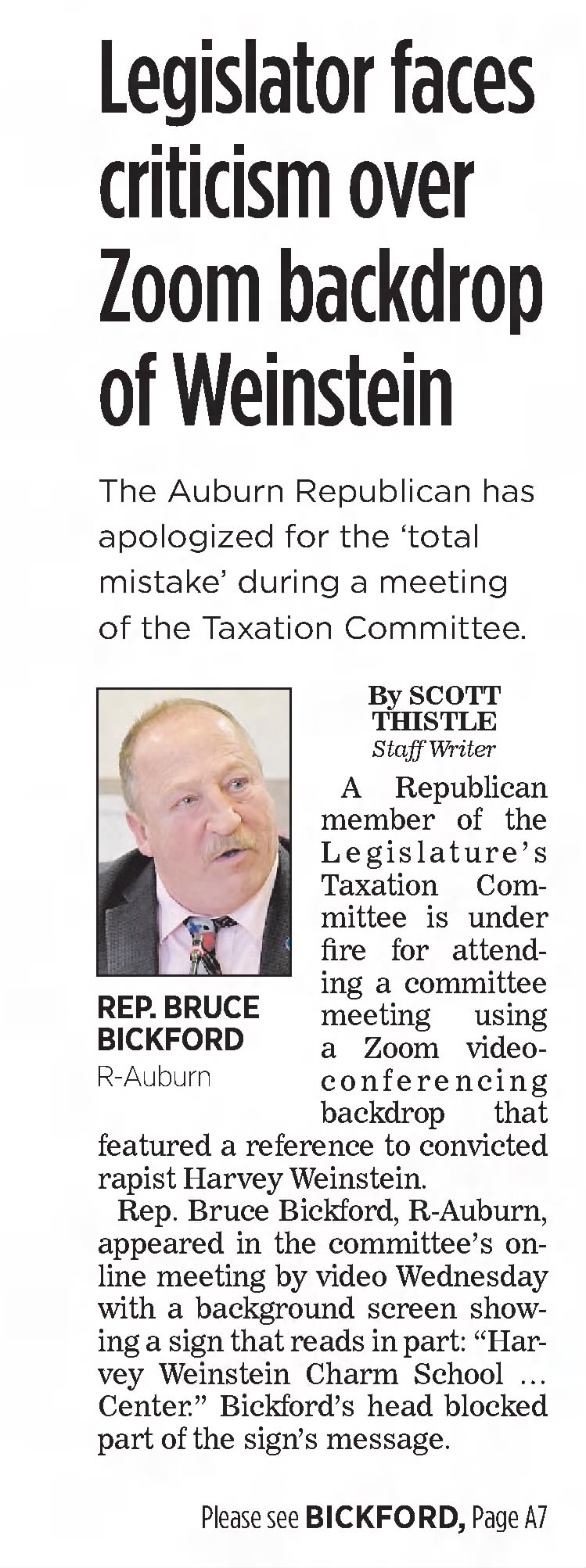 Legislator faces criticism over Zoom backdrop of Weinstein
Portland Press Herald
Portland, Maine · Friday, March 26, 2021