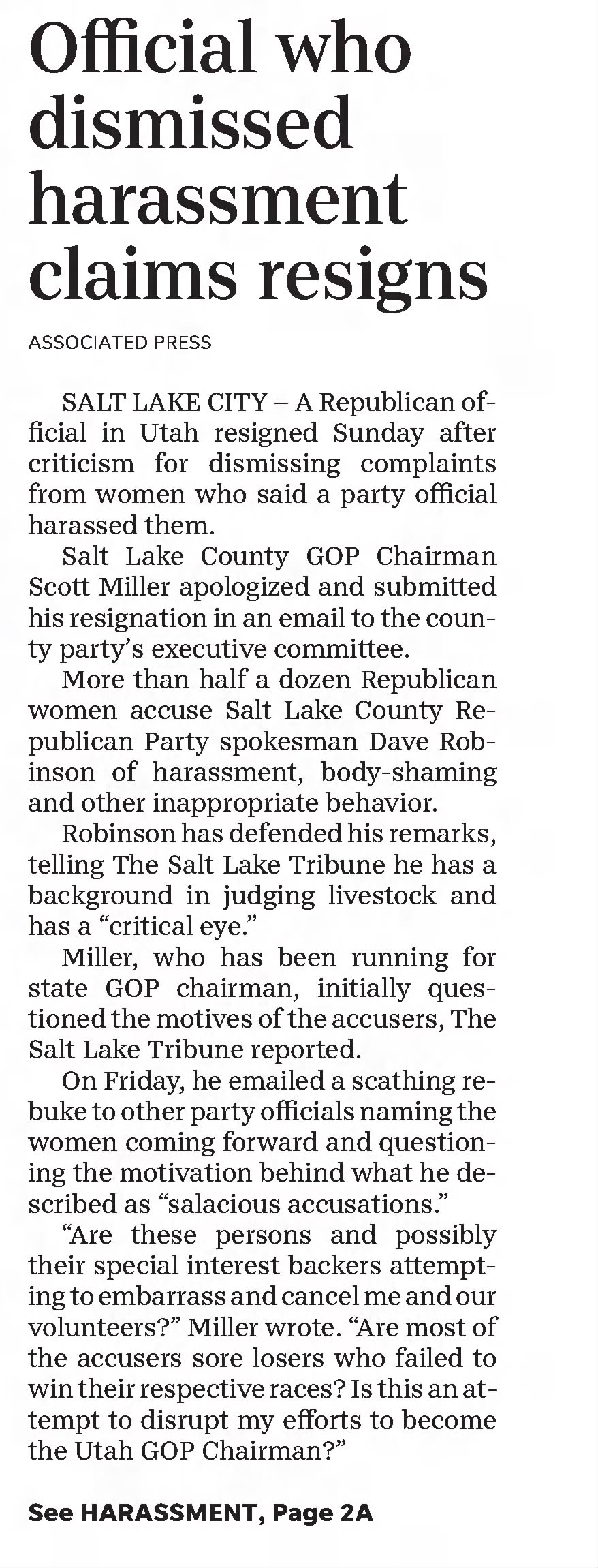 Official who dismissed harassment claims reigns
The Daily Spectrum
Saint George, Utah · Monday, March 29, 2021
